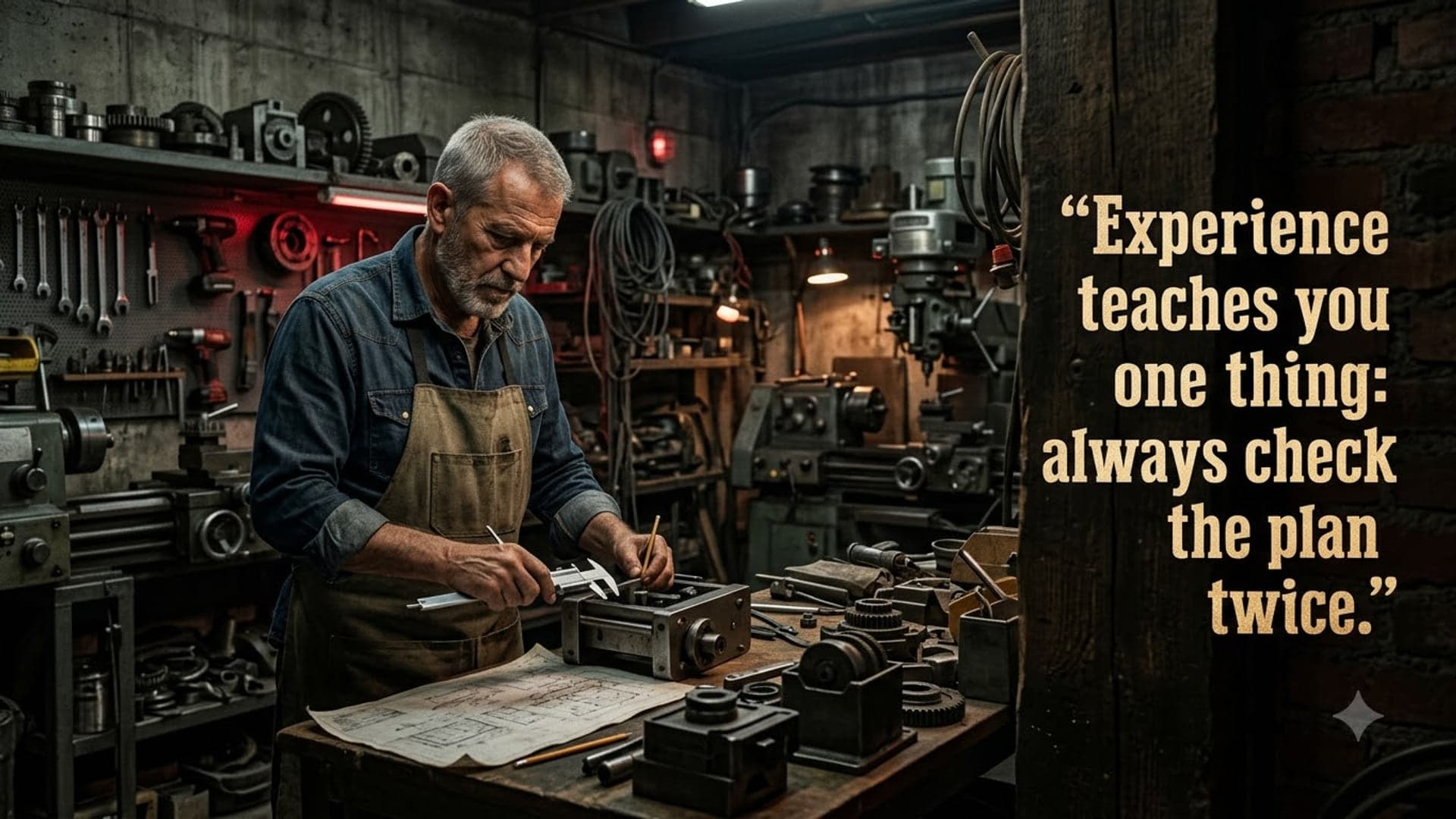 Older craftsman in a leather apron working at a bench on the left of a cluttered industrial workshop, tools racked on the wall behind him, with the words "Experience teaches you one thing: always check the plan twice." on the right
