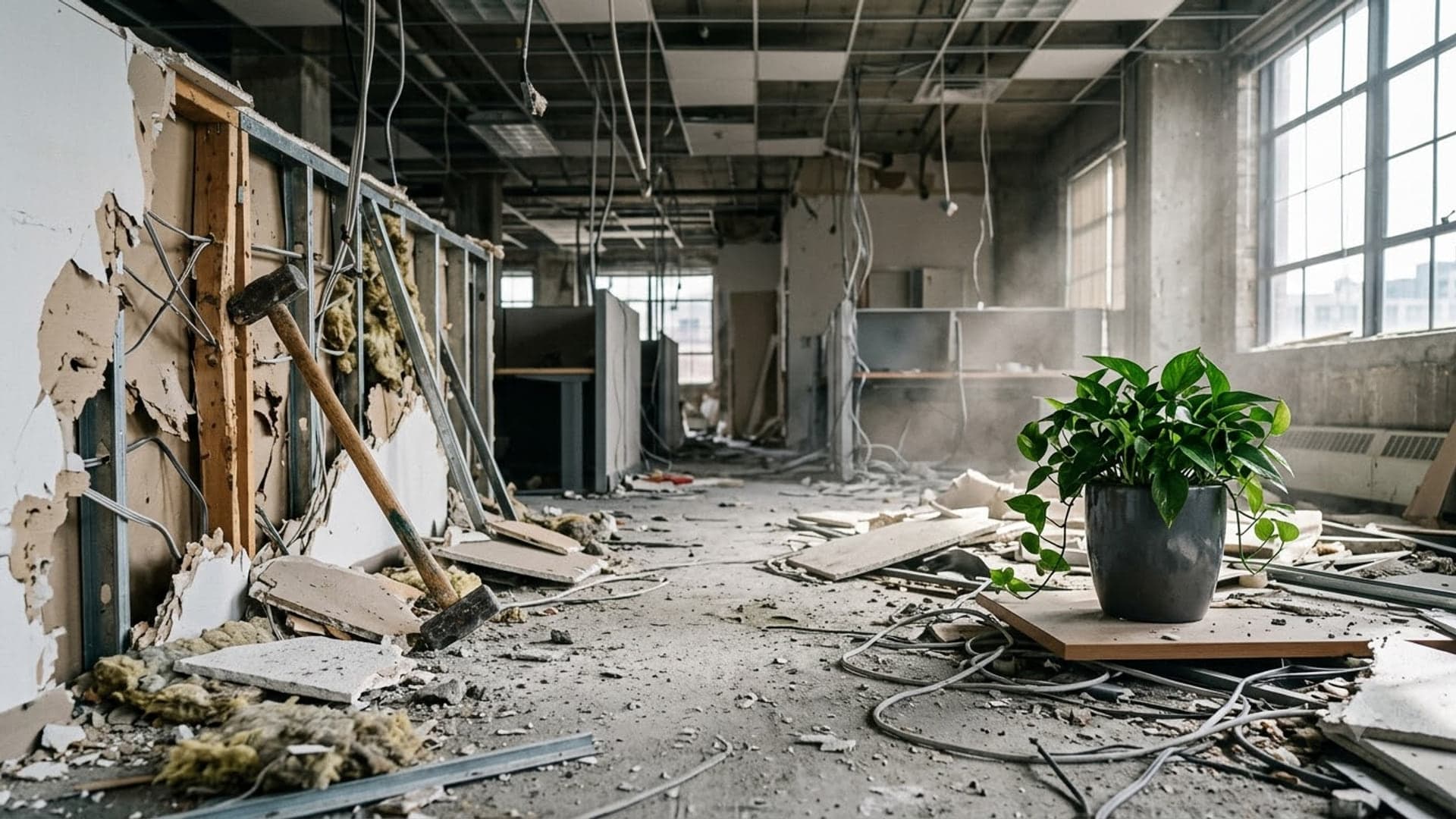 Half-demolished office with broken plasterboard and cable across the floor and a sledgehammer propped against the wall on the left, and a single green pot plant standing untouched on a board in the middle, daylight through the windows