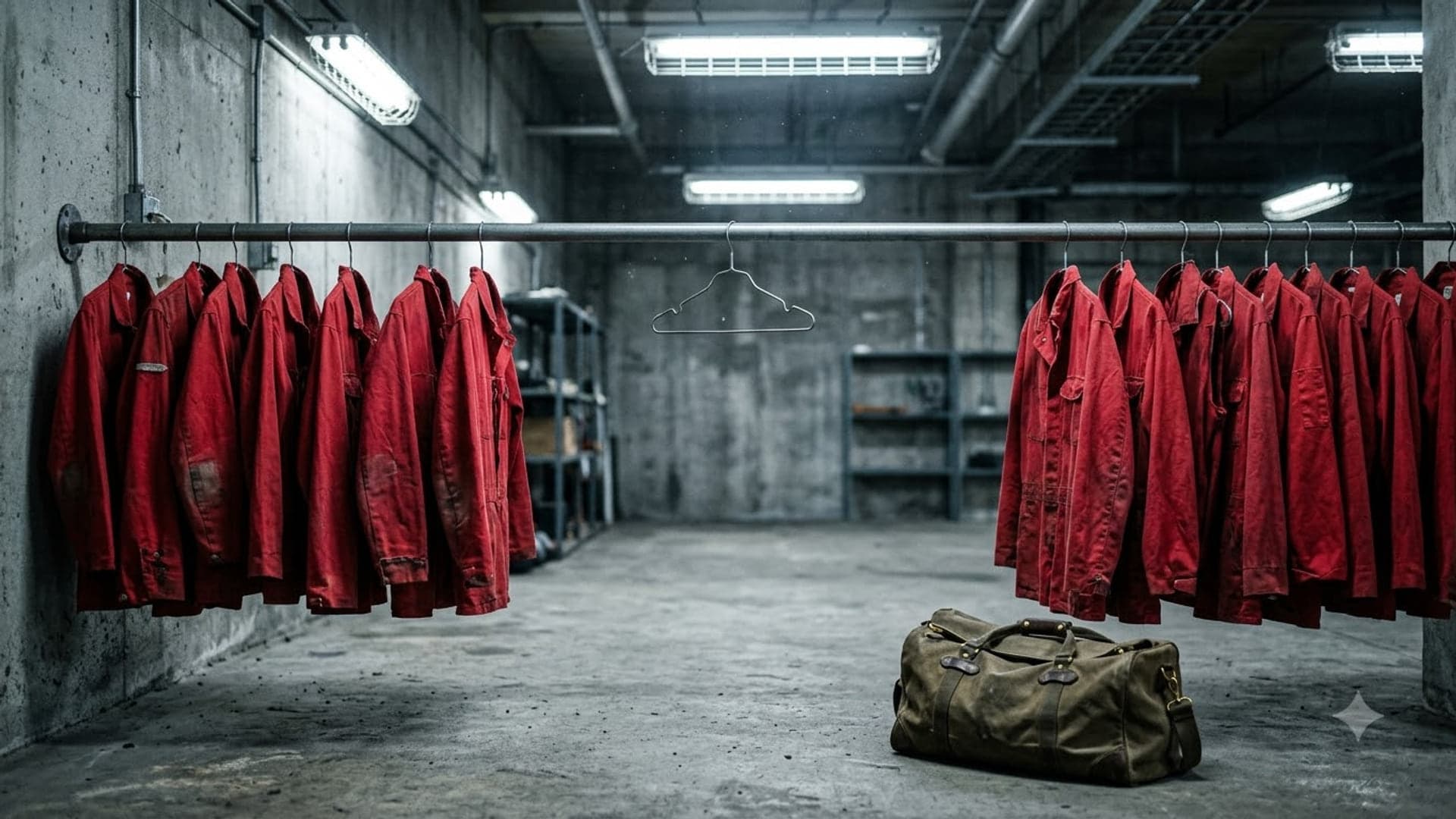 Two rails of red boiler suits along the left and right walls of a bare concrete room, one empty hanger left in the middle of the right rail, and a canvas holdall on the floor in the centre