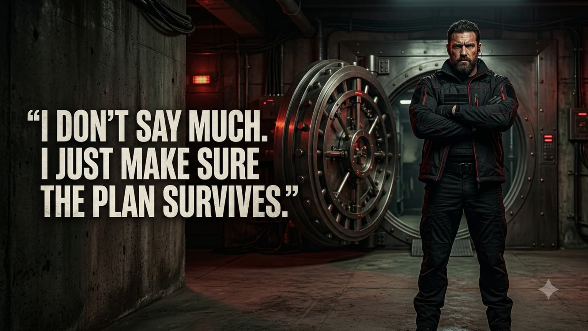 Man in a dark jacket standing with his arms folded at the far right in front of a closed circular vault door in a dim concrete room, with the words "I don’t say much. I just make sure the plan survives." on the left