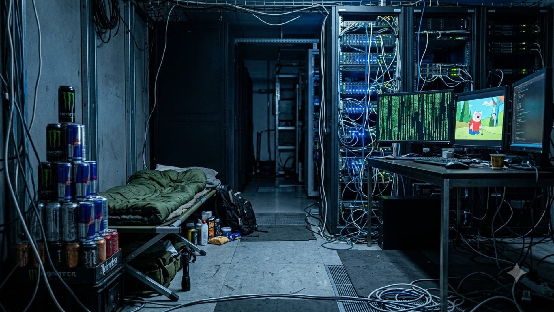 Camp bed, sleeping bag and stacked drink cans on the left of a dim server room, racks of blue-lit servers and a monitor showing a cartoon on the right, cables run loose across the floor