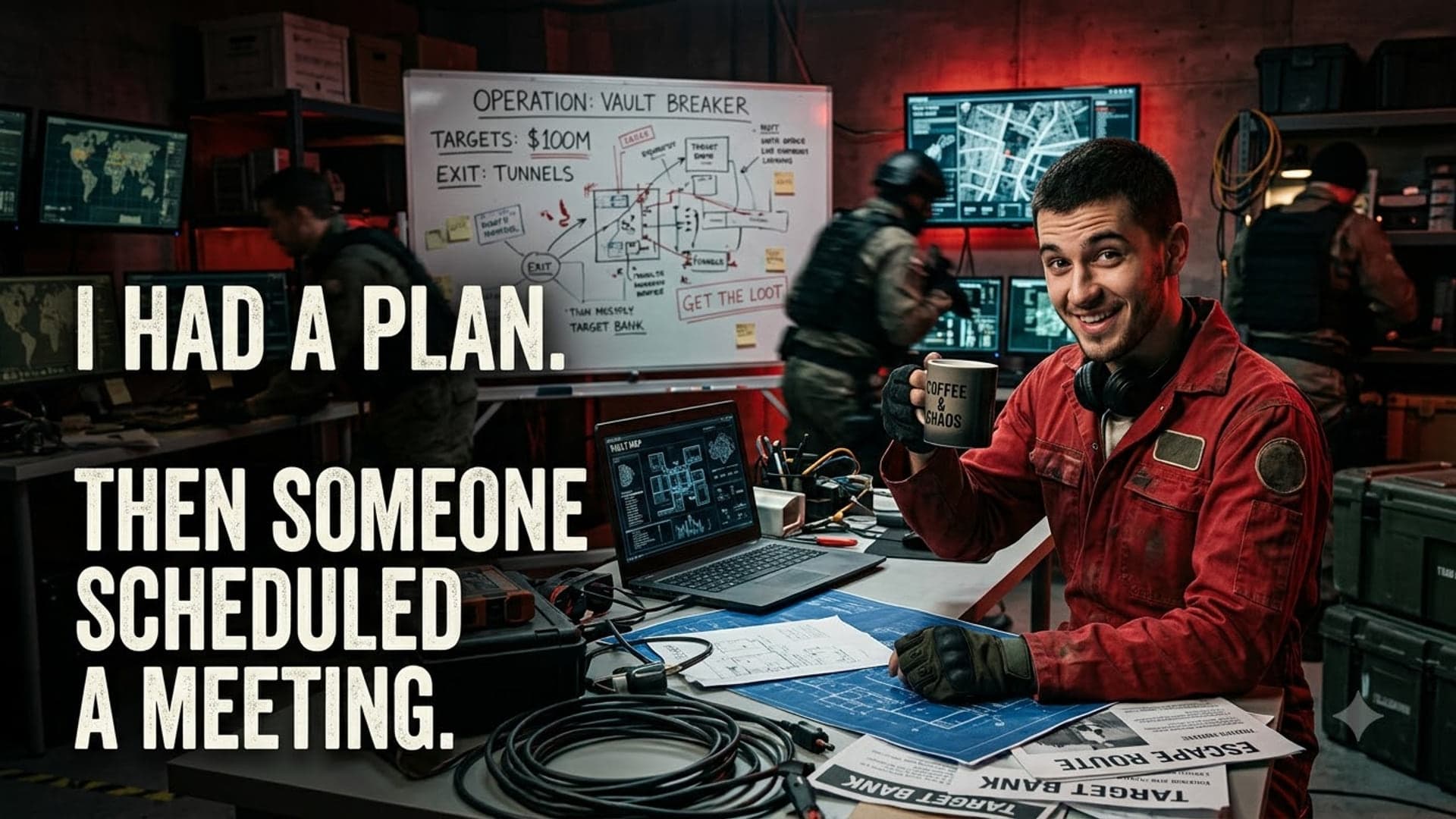 Man in a red boiler suit holding a coffee mug at a desk on the right, a whiteboard plan headed Operation Vault Breaker on the wall behind him, with the words "I had a plan. Then someone scheduled a meeting." on the left