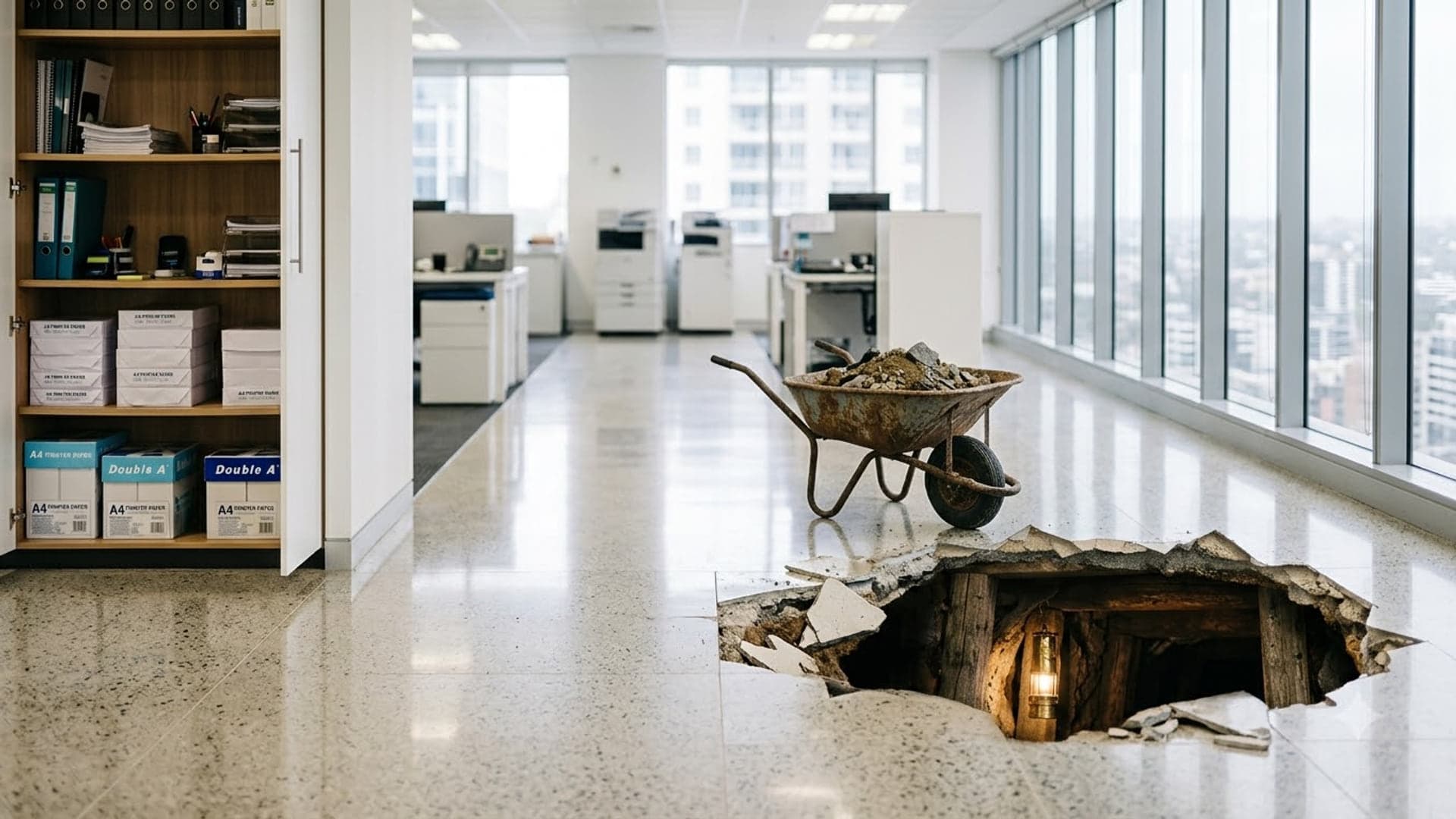 Bright modern office with a hole broken up through the polished floor on the right, a wheelbarrow of rubble beside it and lamplight coming up from the tunnel below, shelves of copier paper on the left