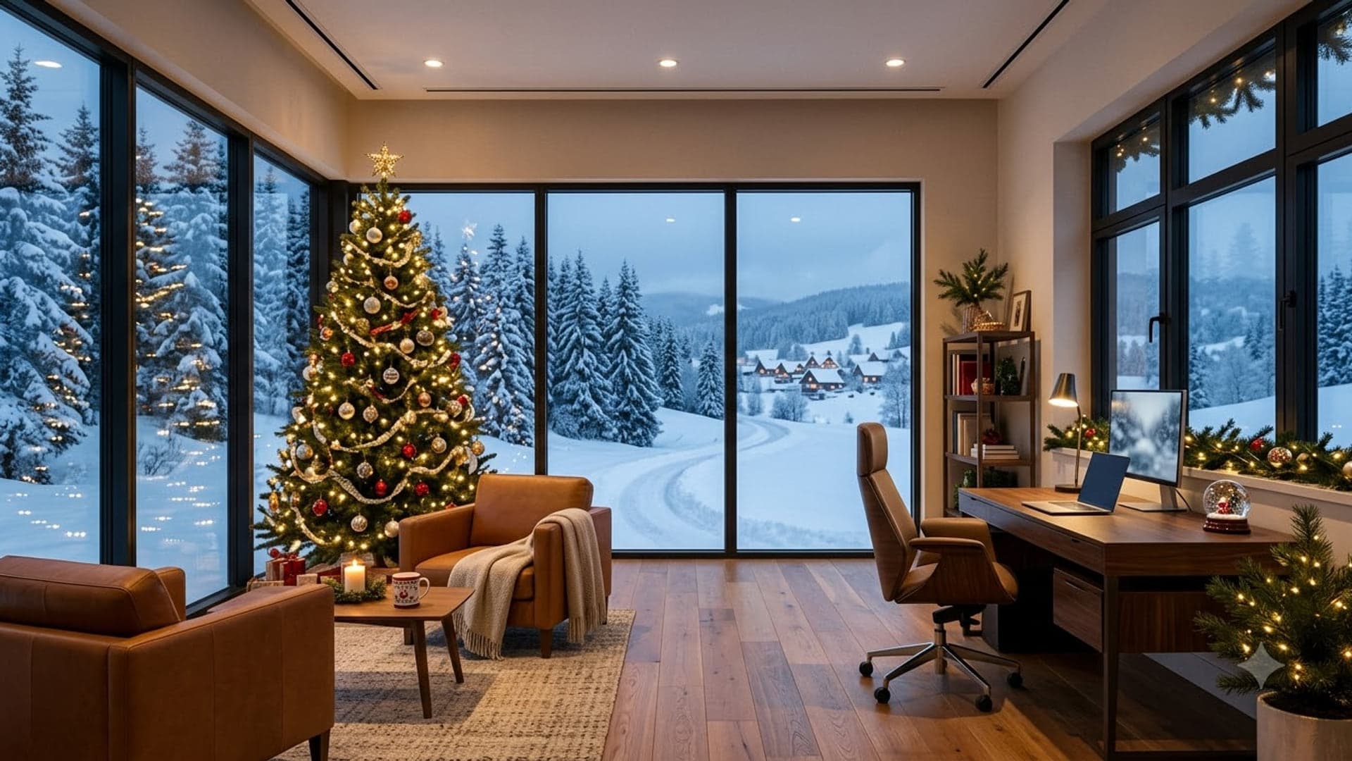 Decorated Office With Christmas — funny virtual background for Teams, Zoom and Google Meet
