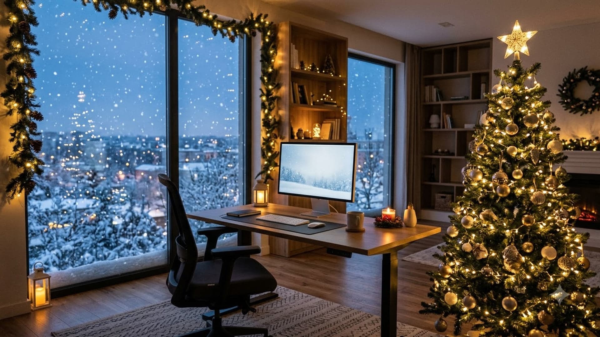 Office Decorated For Winter — funny virtual background for Teams, Zoom and Google Meet