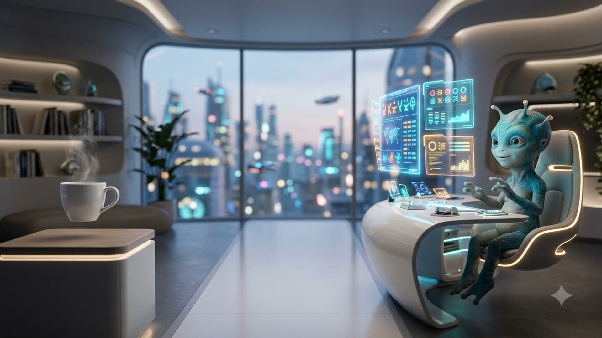 Futuristic office at dusk where a small blue alien works at a curved white desk surrounded by floating holographic charts, with a neon city skyline through the window