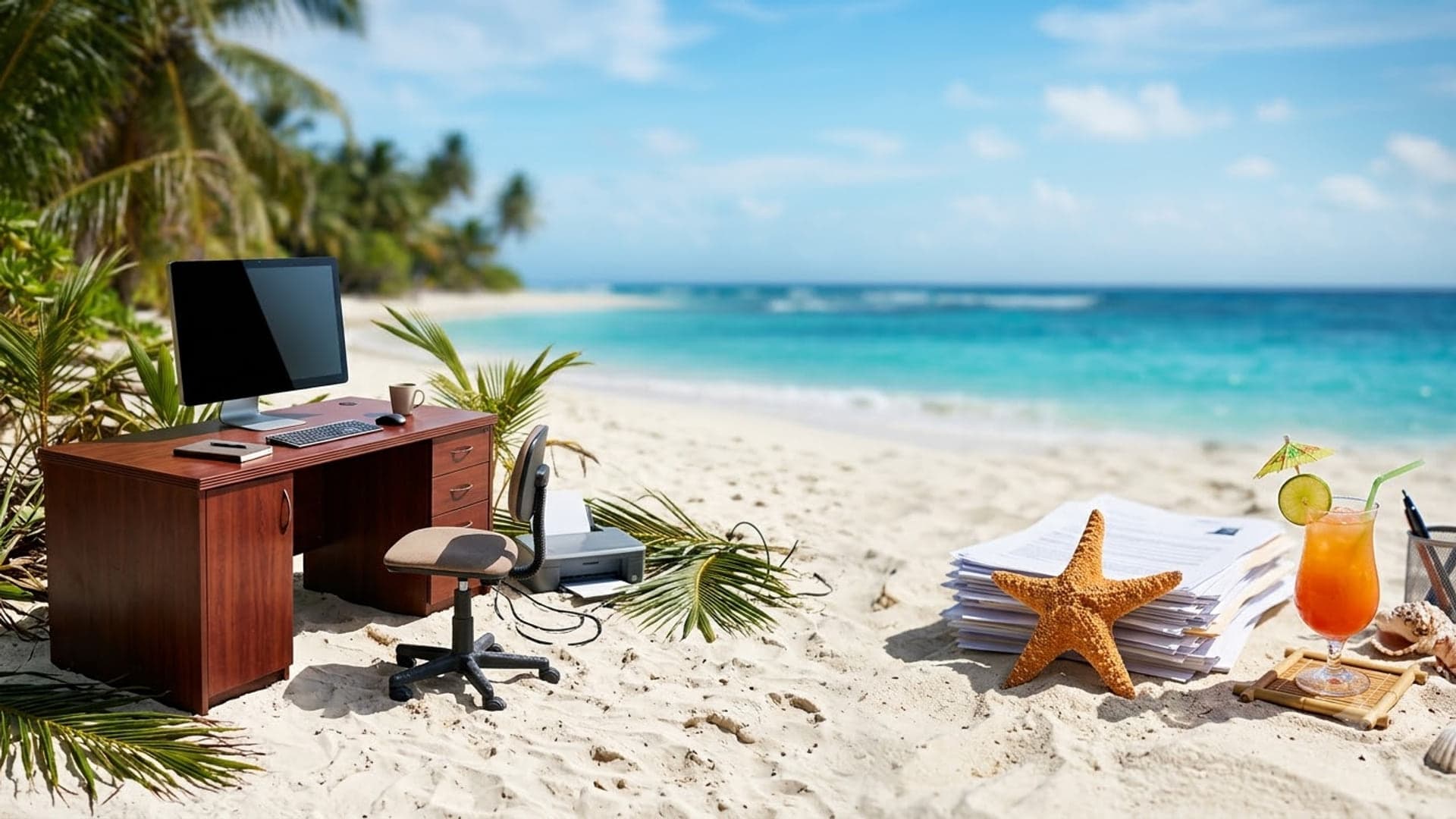 Tropical beach with an office desk, monitor and printer set up in the white sand beside a stack of paperwork and a cocktail