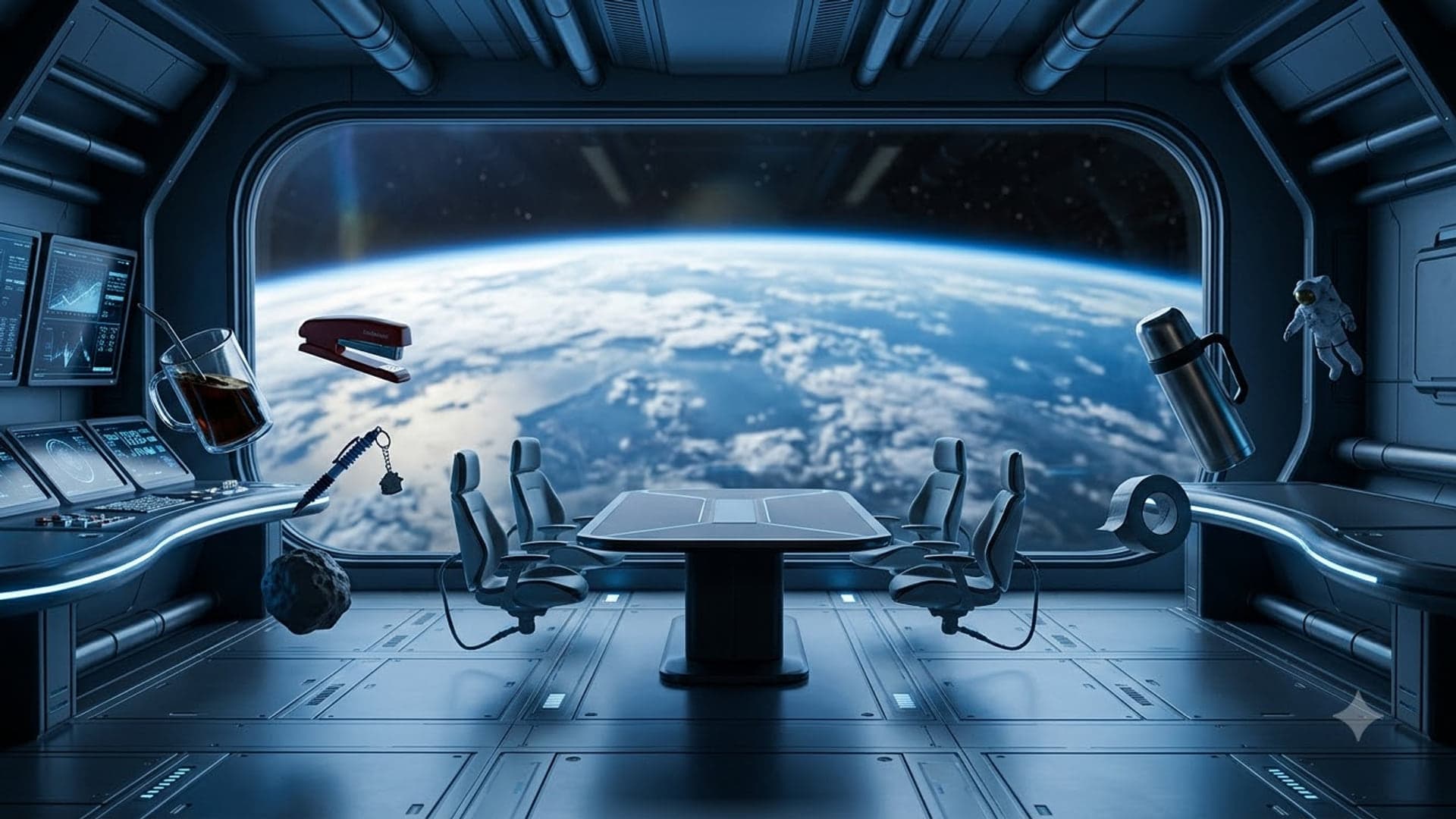 Space station meeting room with chairs around a table and office supplies floating in zero gravity, Earth filling the window behind