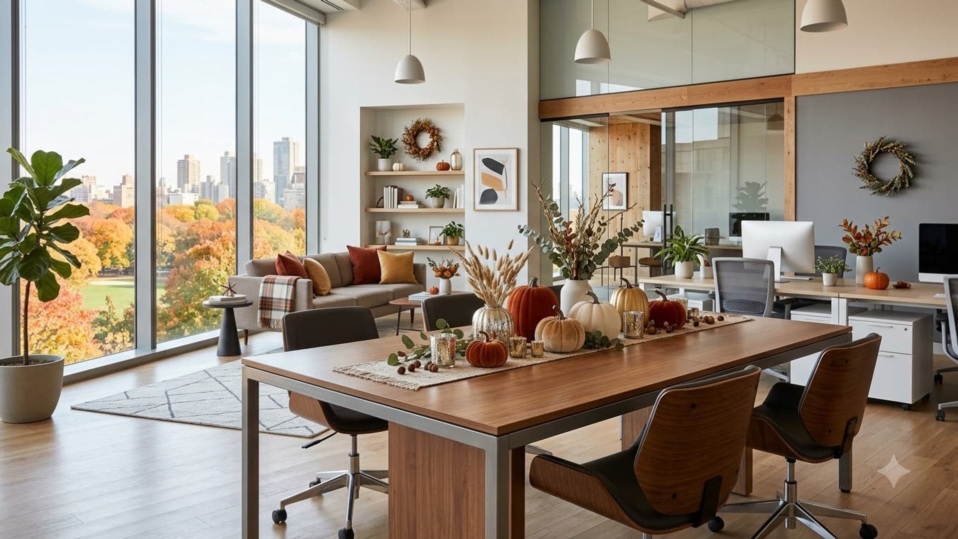 Office With Autumn Decorations — funny virtual background for Teams, Zoom and Google Meet