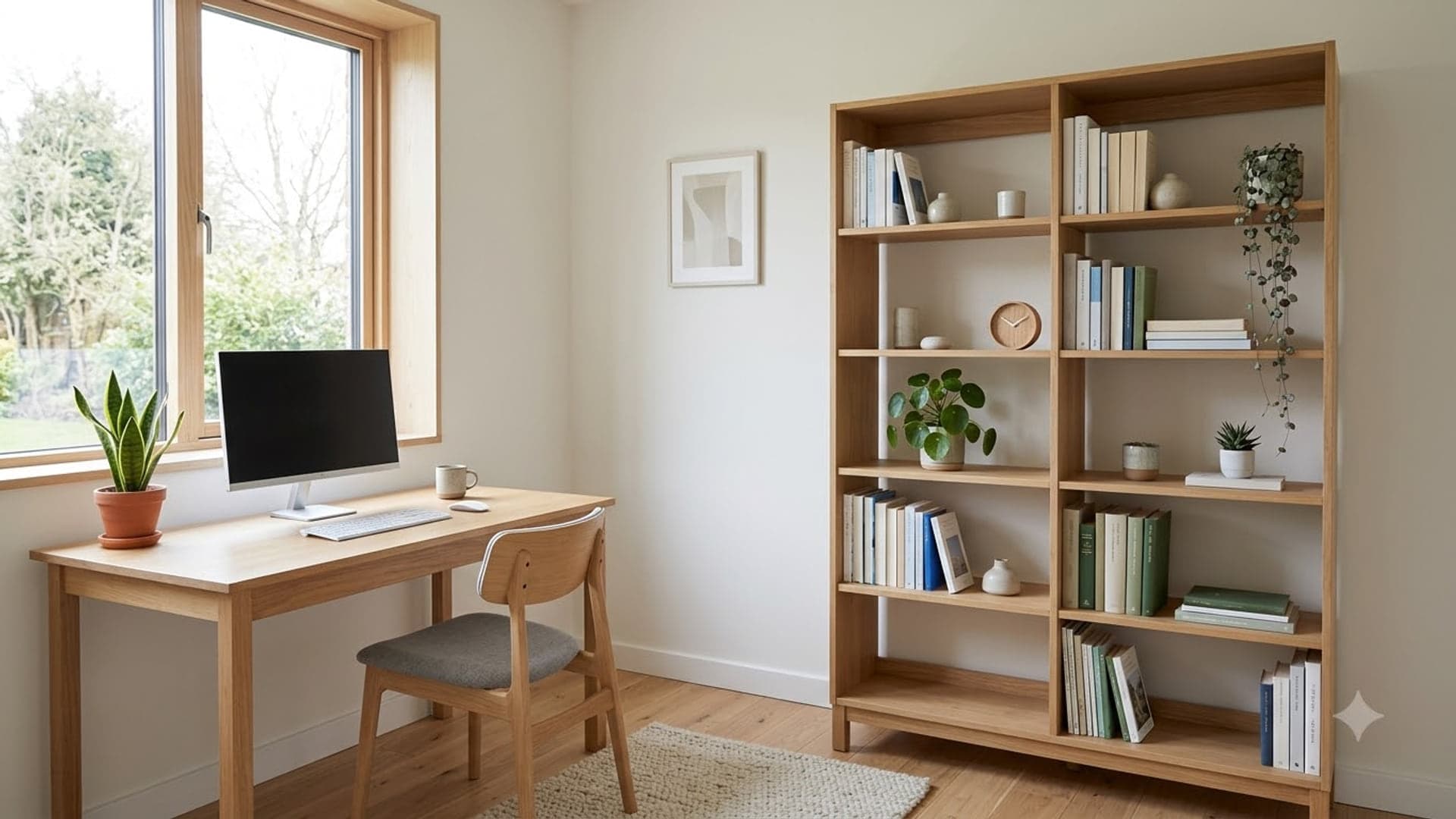 Bookshelf In Minimalist Office — funny virtual background for Teams, Zoom and Google Meet