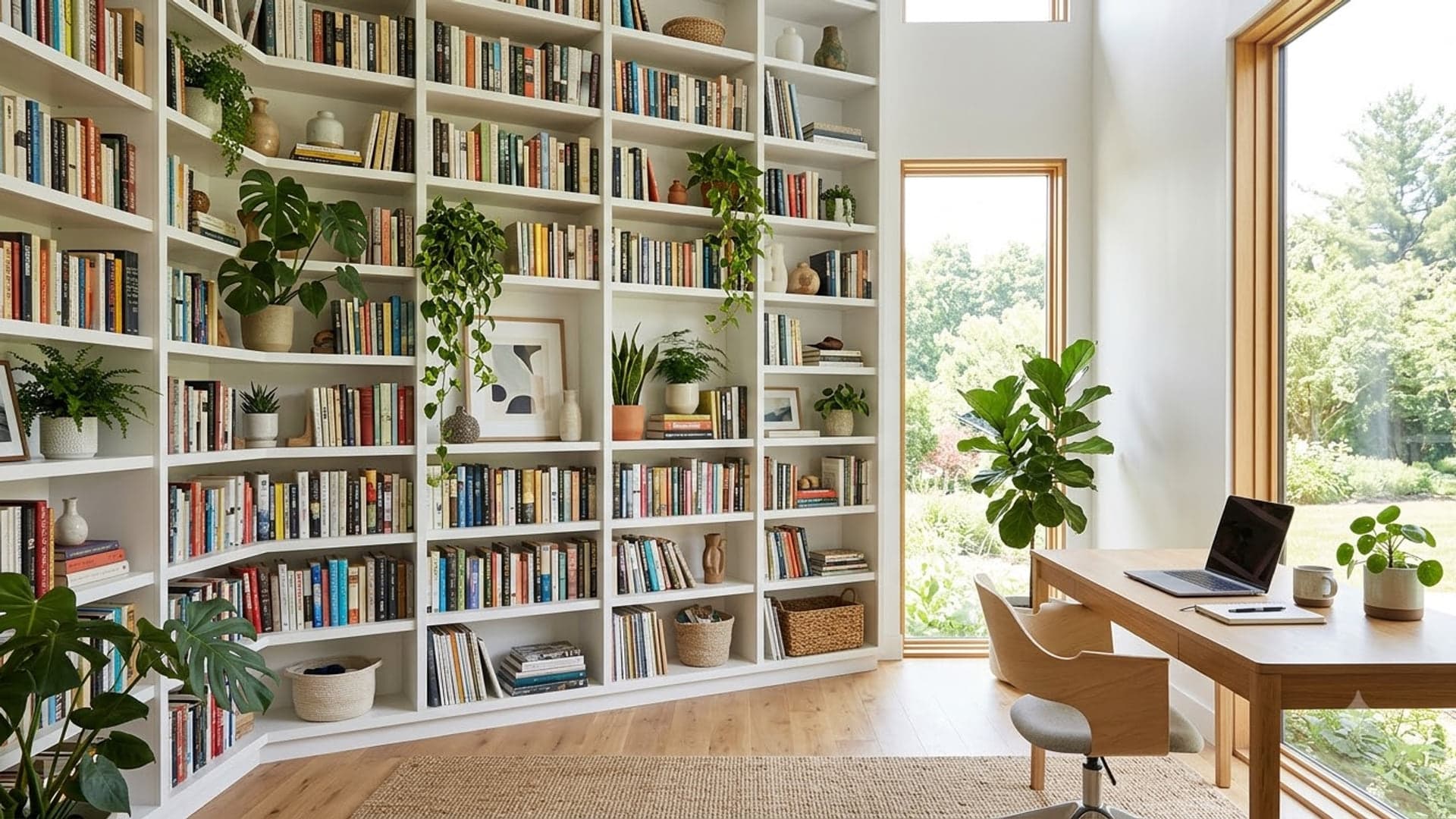 Bookshelf With Plants Workspace — funny virtual background for Teams, Zoom and Google Meet