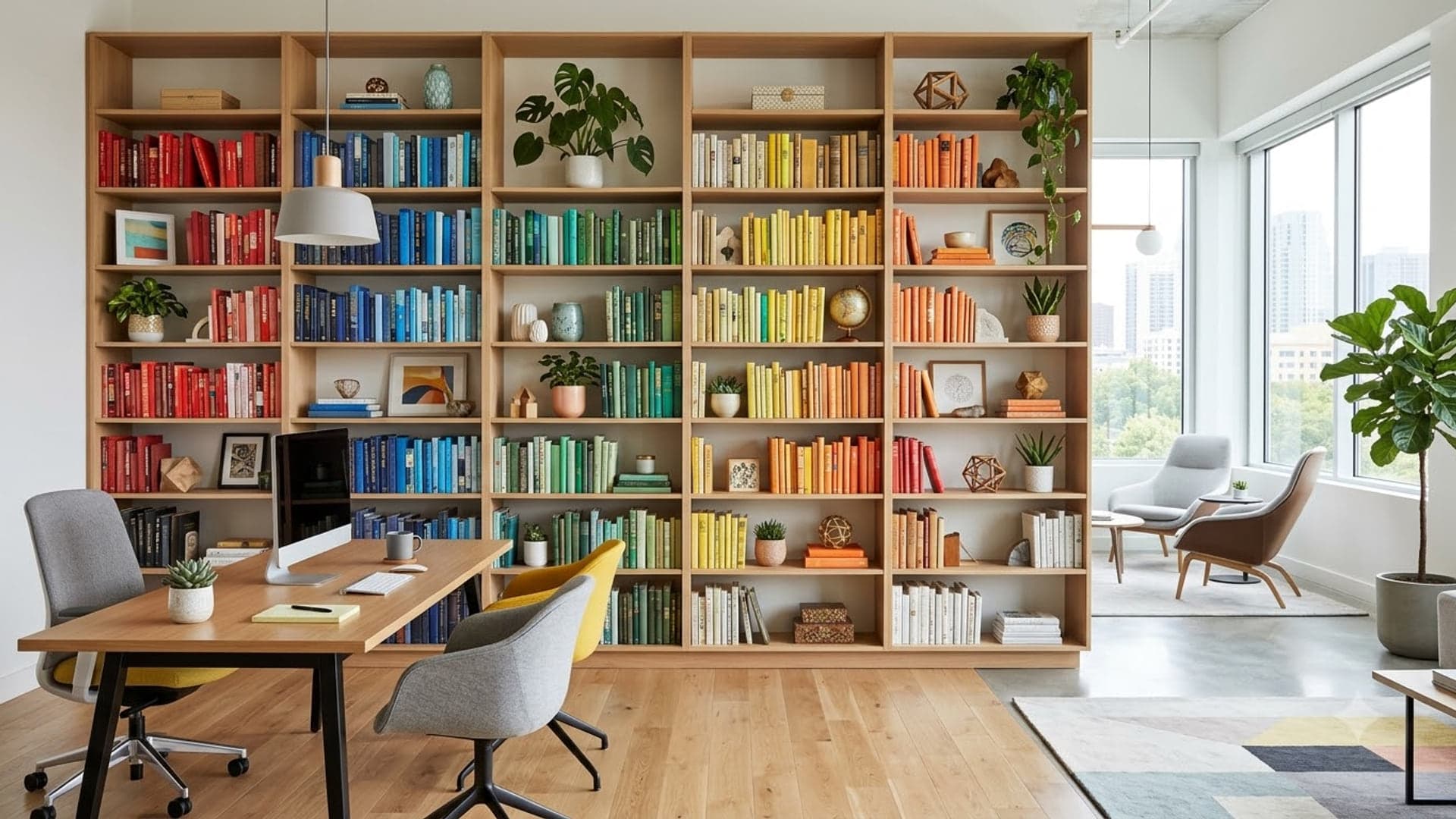 Colorful Bookshelf In Modern Office — funny virtual background for Teams, Zoom and Google Meet