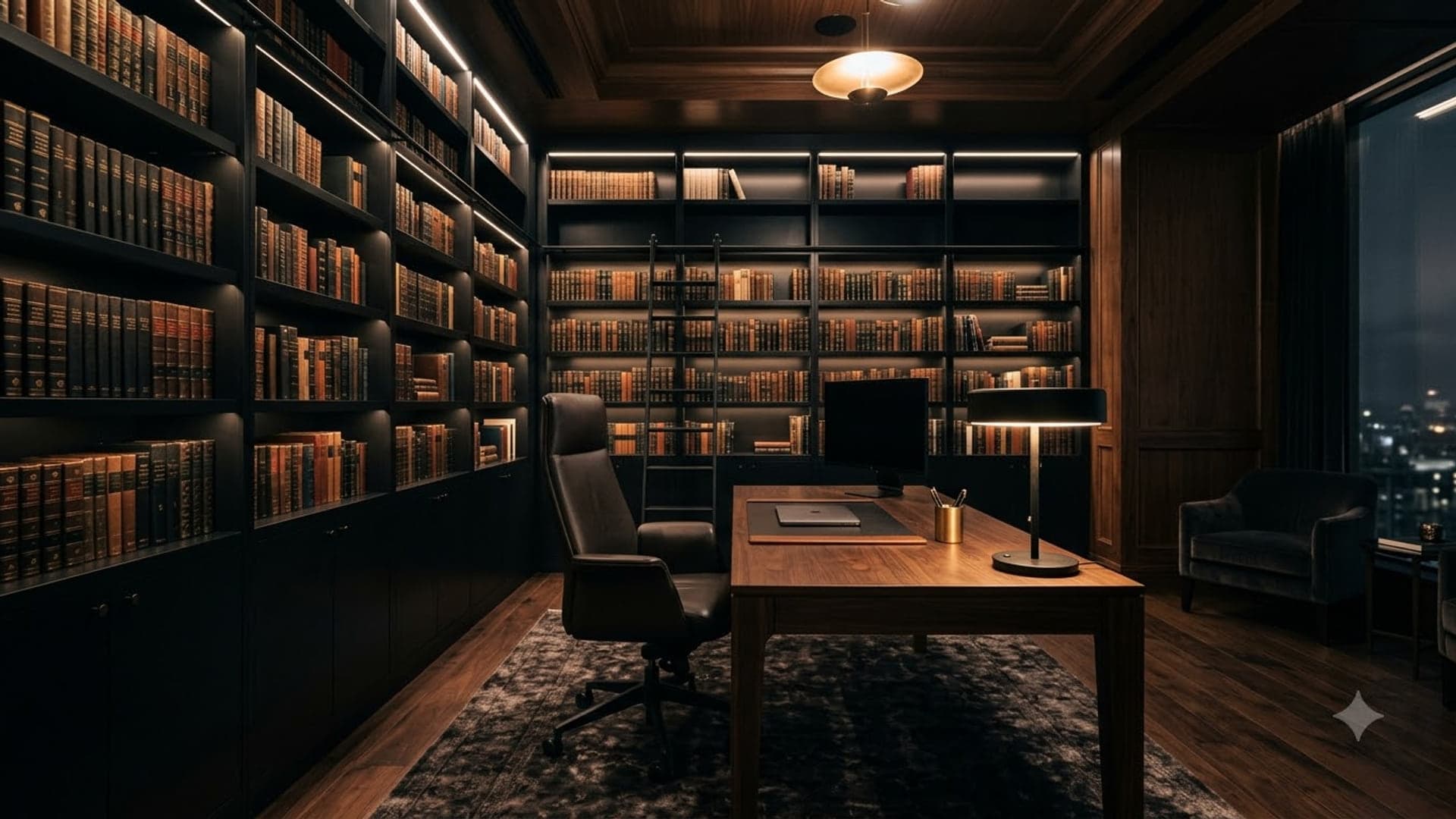 Modern Dark Library Interior Design — funny virtual background for Teams, Zoom and Google Meet