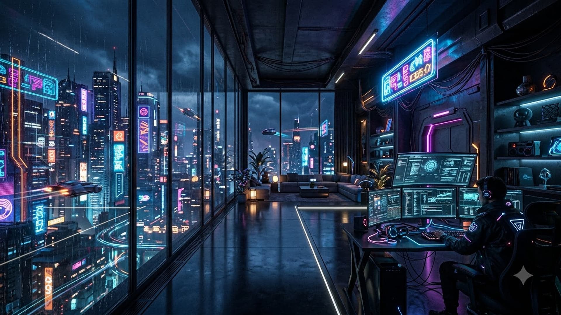 Cyberpunk Workspace Futuristic — funny virtual background for Teams, Zoom and Google Meet