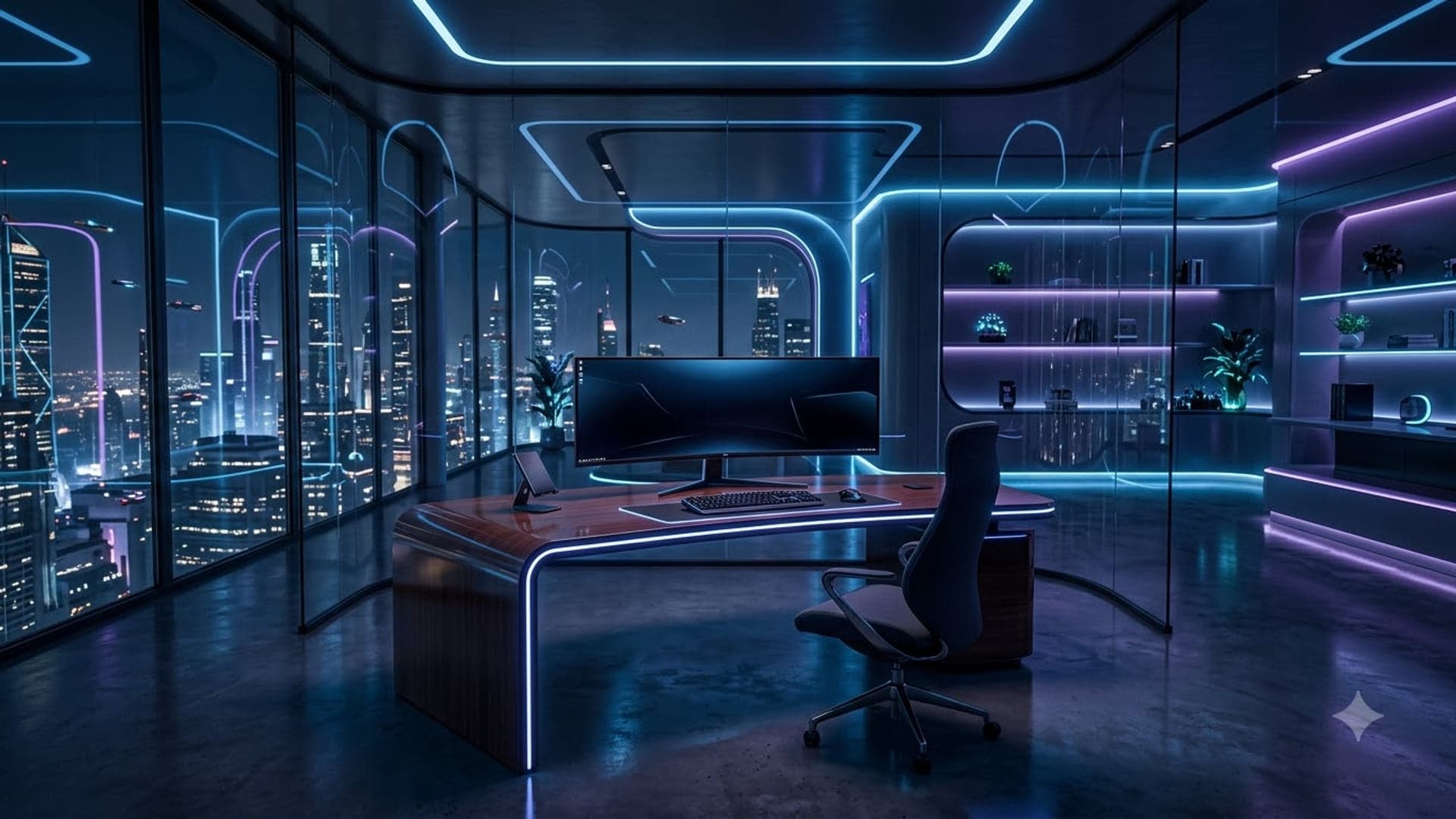 Futuristic Neon Office Workspace — funny virtual background for Teams, Zoom and Google Meet