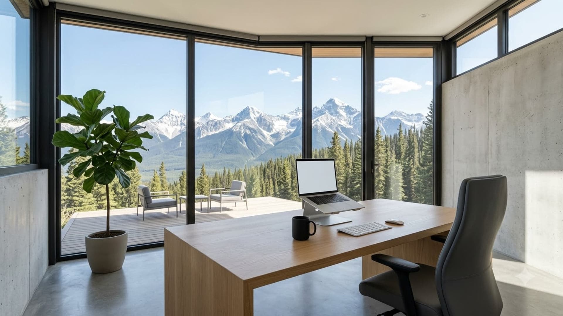 Glass Office In Mountains — funny virtual background for Teams, Zoom and Google Meet