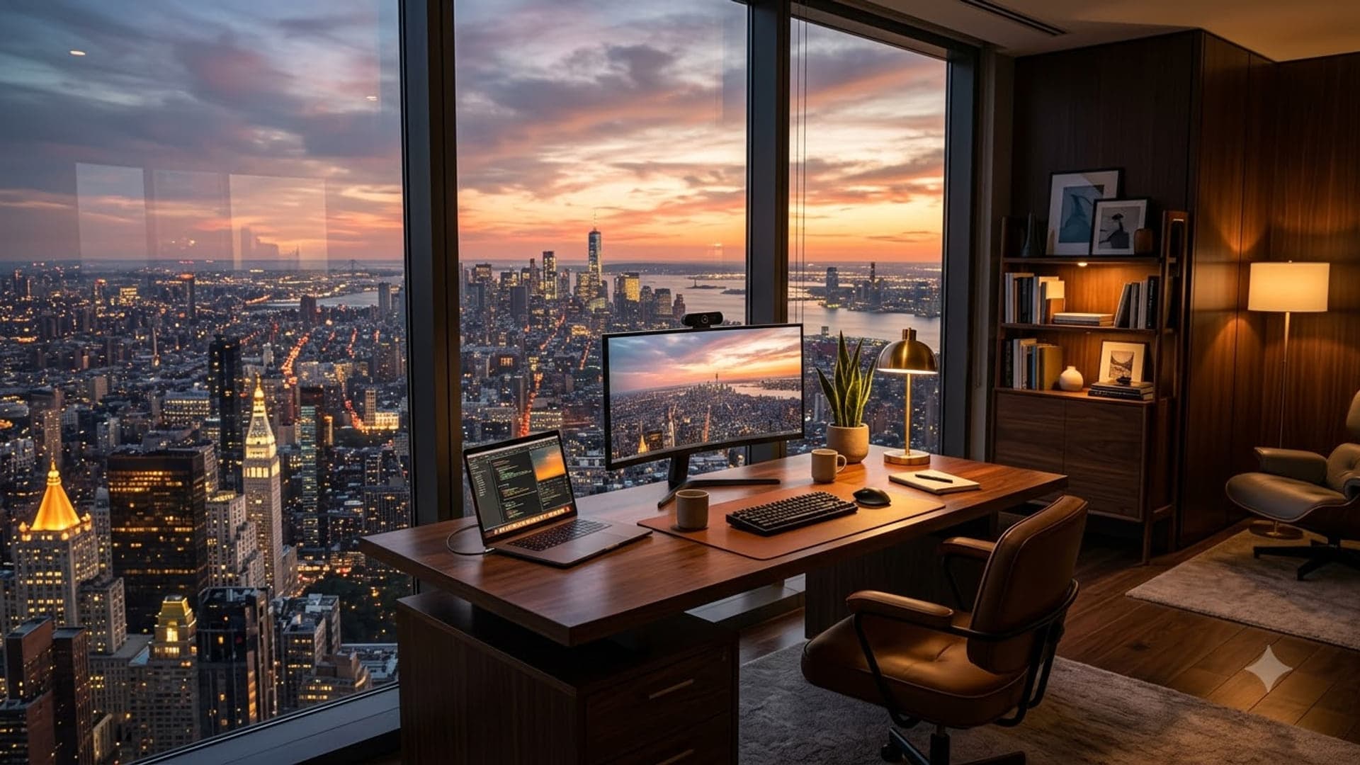 Modern Office Overlooking City 2 — funny virtual background for Teams, Zoom and Google Meet