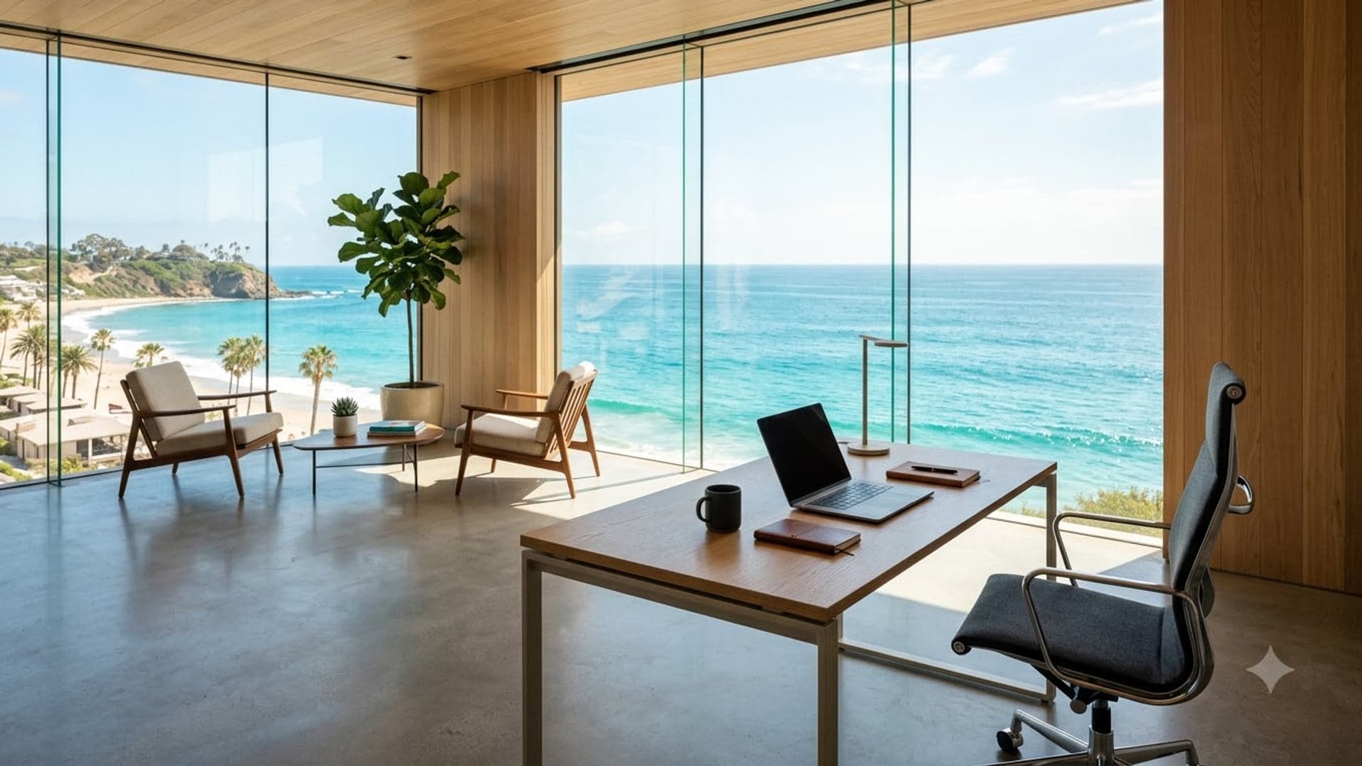 Modern Office Overlooking Ocean — funny virtual background for Teams, Zoom and Google Meet
