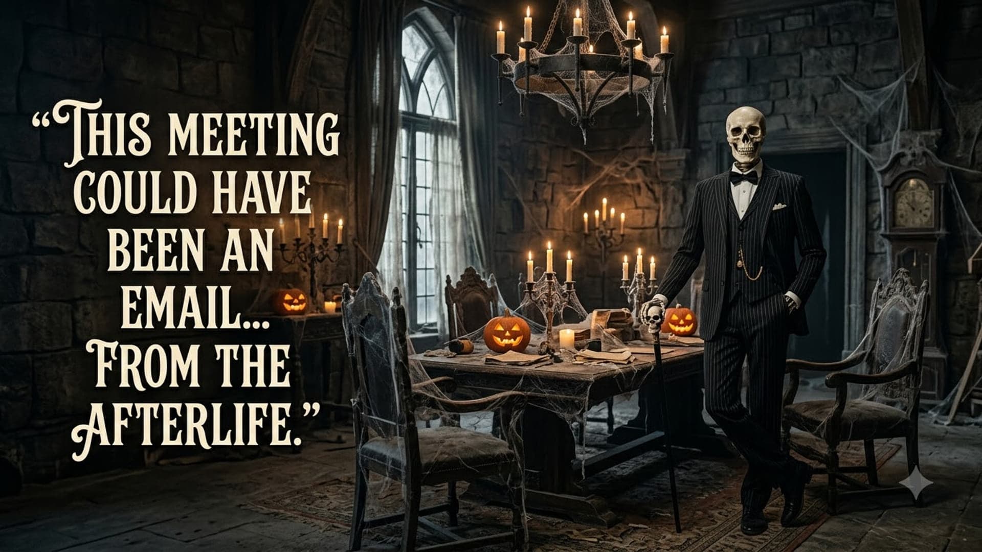 Skeleton in a dark suit standing at the far right of an abandoned candlelit boardroom with a grandfather clock and a jack-o-lantern on the table, with the words "This meeting could have been an email… from the afterlife." on the left