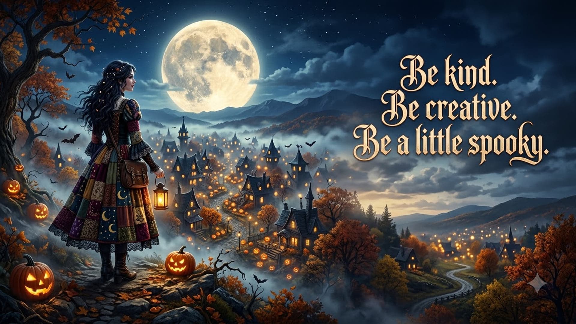 Woman holding a lantern on the left of a hilltop under a full moon, a village of lit windows and jack-o-lanterns in the valley below, with the words "Be kind. Be creative. Be a little spooky." on the right