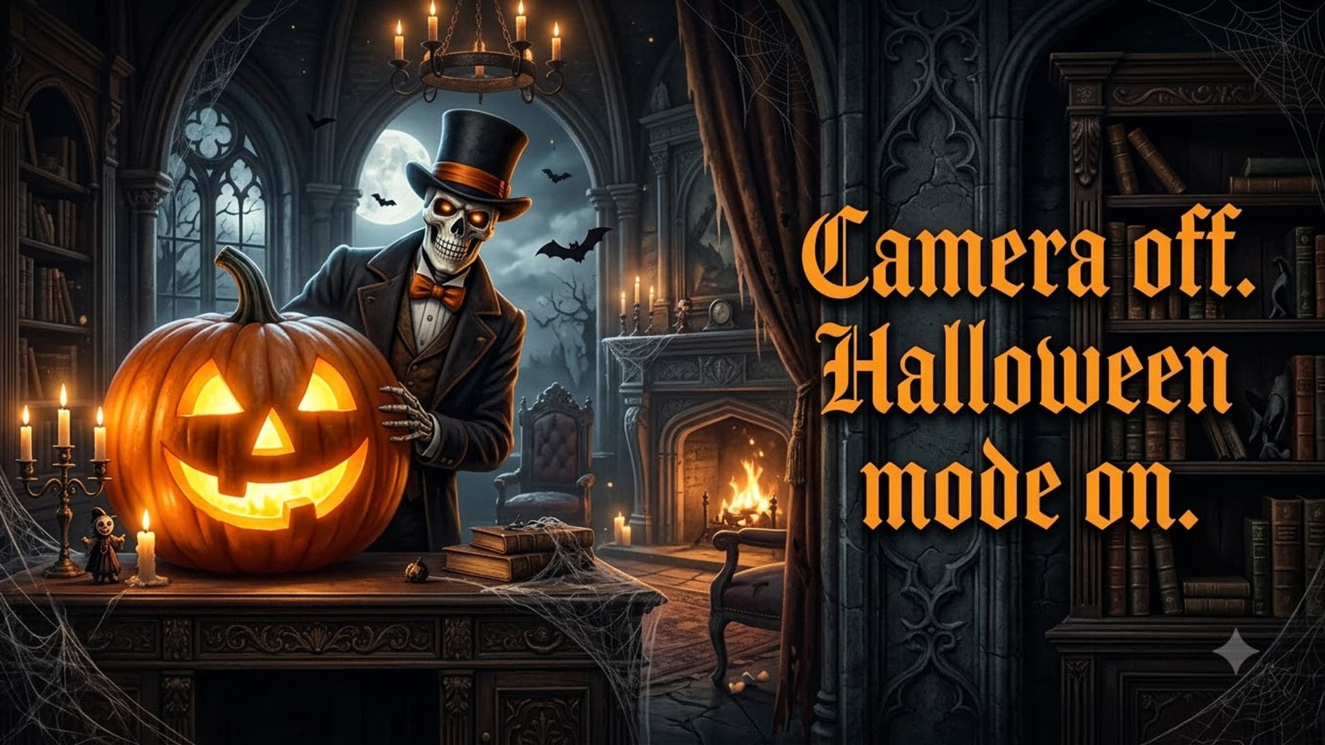 Skeleton in a top hat and tailcoat leaning over a large carved pumpkin on the left of a candlelit study with a fireplace behind, with the words "Camera off. Halloween mode on." on the right