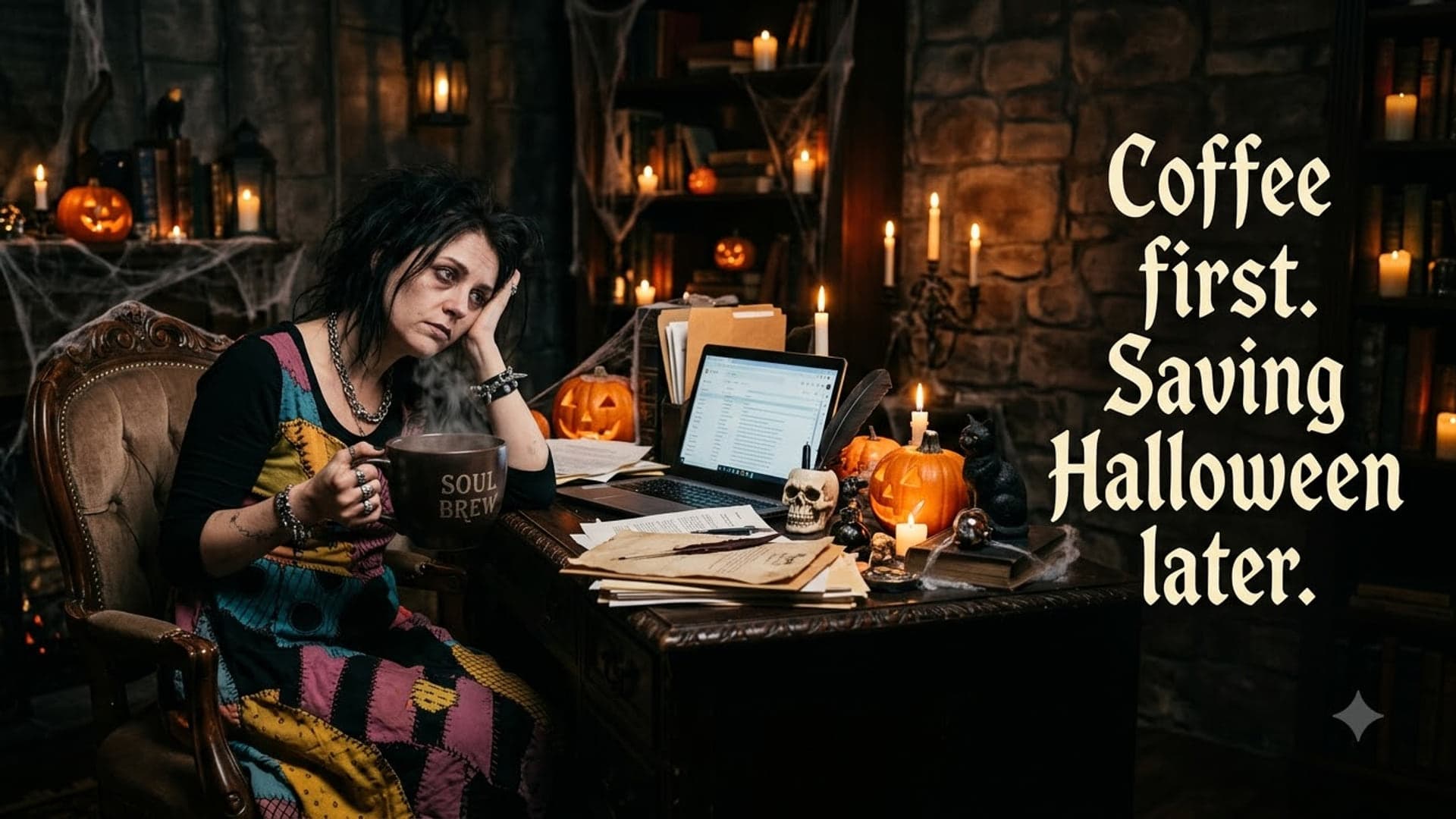 Tired woman in black holding a steaming mug at a desk on the left of a stone-walled study, laptop and candles beside her, with the words "Coffee first. Saving Halloween later." on the right