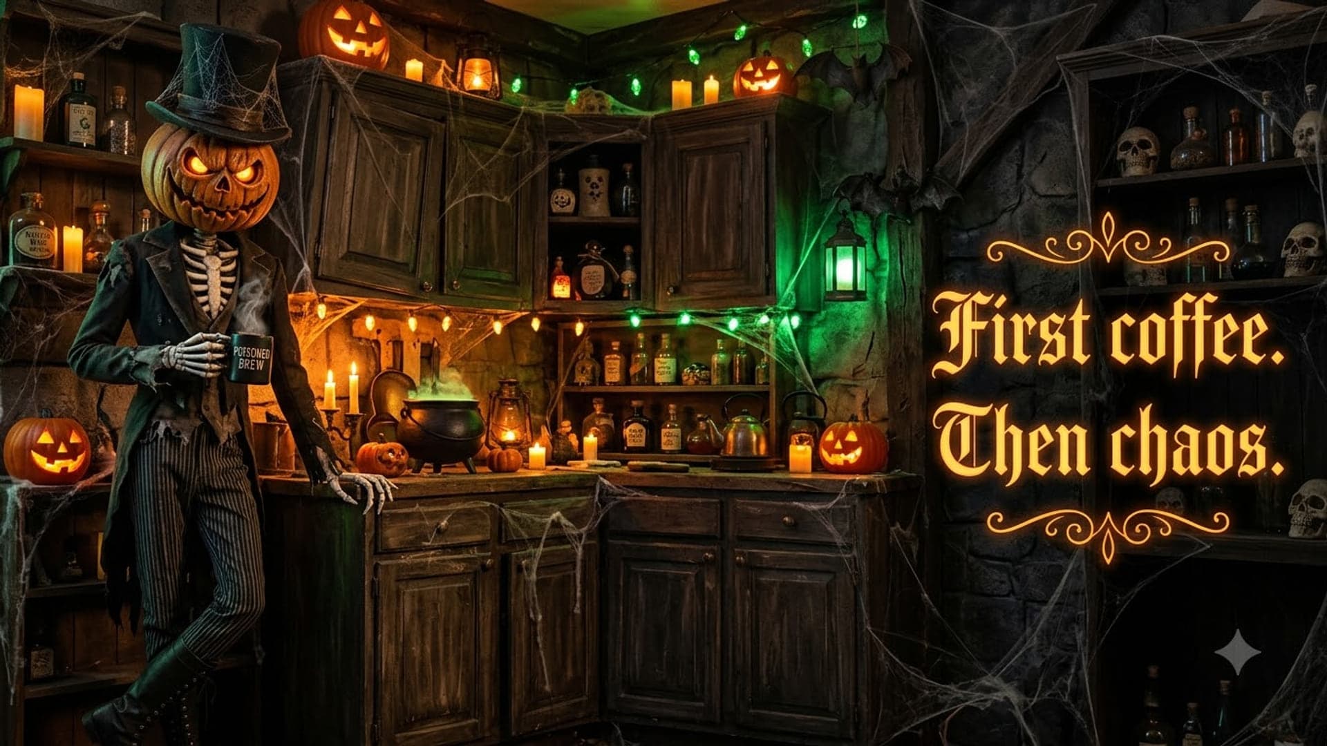 Pumpkin-headed skeleton in a top hat holding a mug on the left of a cobwebbed kitchen with a cauldron glowing green on the counter, with the words "First coffee. Then chaos." on the right