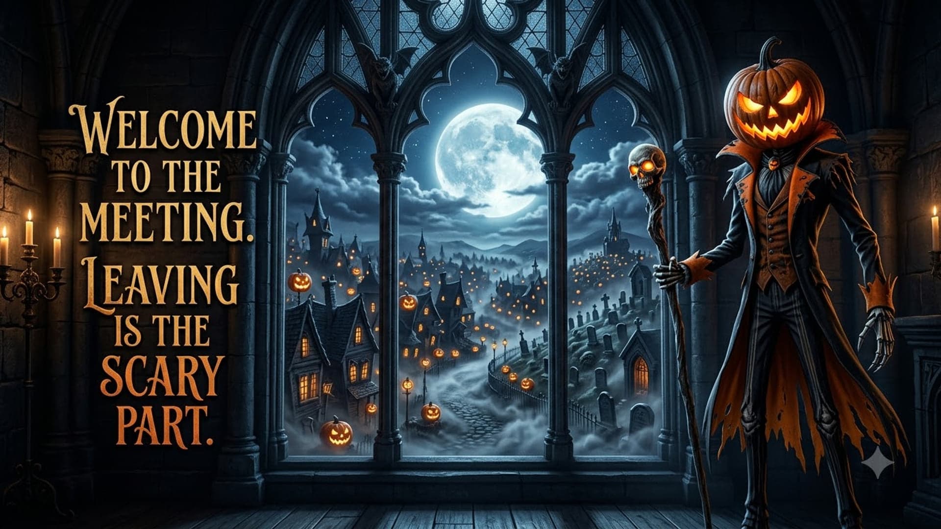 Pumpkin-headed figure in a tattered tailcoat with a skull-topped cane standing at the far right of a gothic window overlooking a moonlit town, with the words "Welcome to the meeting. Leaving is the scary part." on the left