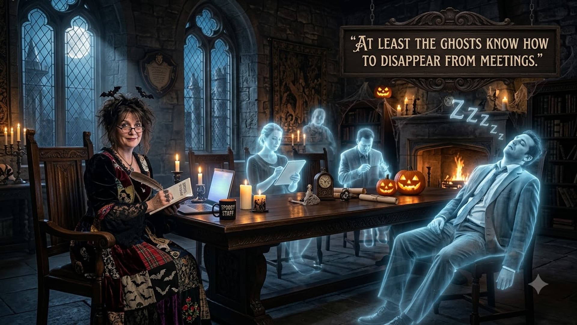 Woman in a patchwork dress at the left end of a long candlelit table, two translucent ghosts seated further along and a third asleep by the fire on the right, with the words "At least the ghosts know how to disappear from meetings." at the top right