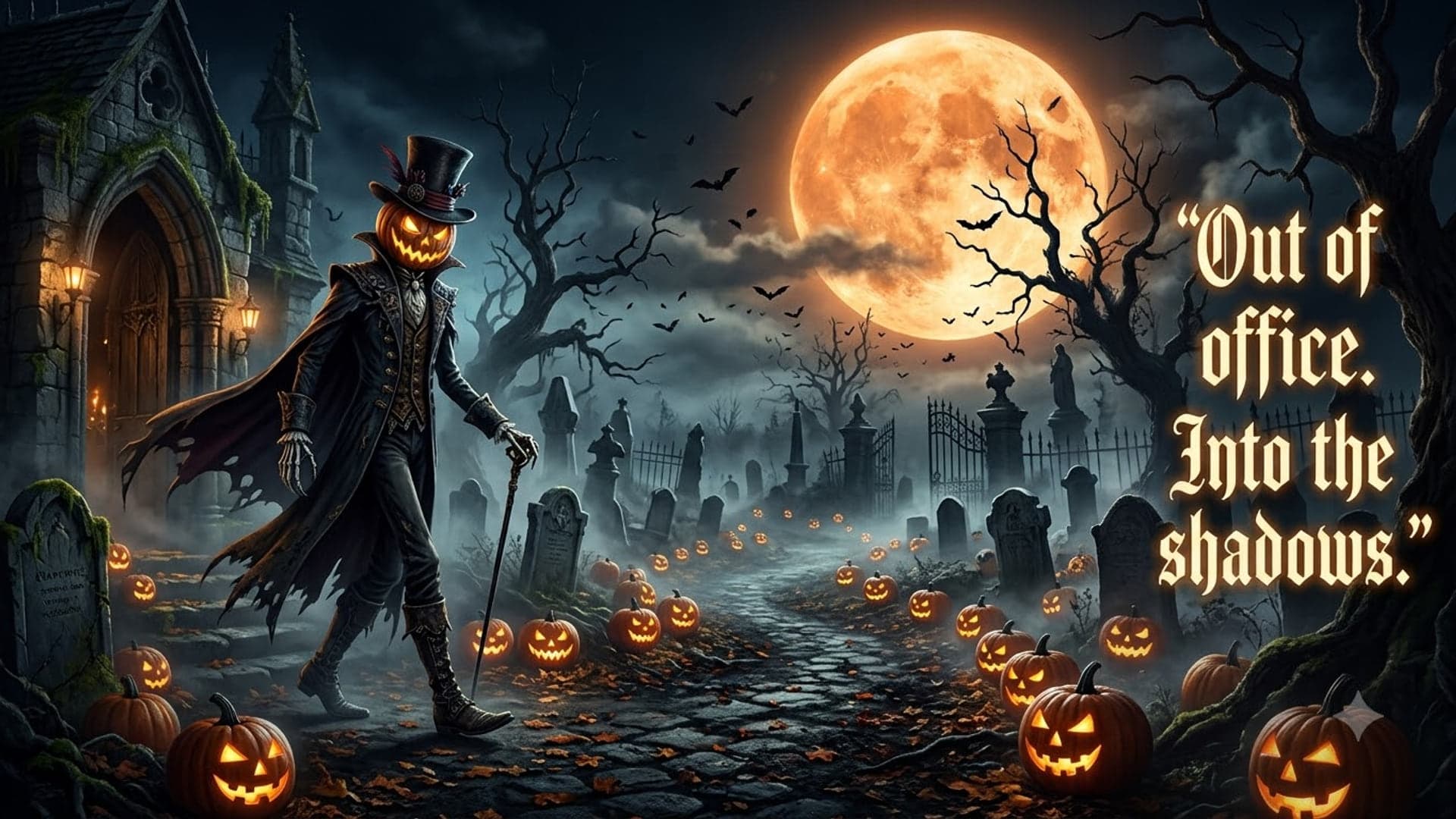 Pumpkin-headed figure in a top hat and cape walking with a cane on the left of a foggy graveyard path lined with jack-o-lanterns under a large orange moon, with the words "Out of office. Into the shadows." on the right