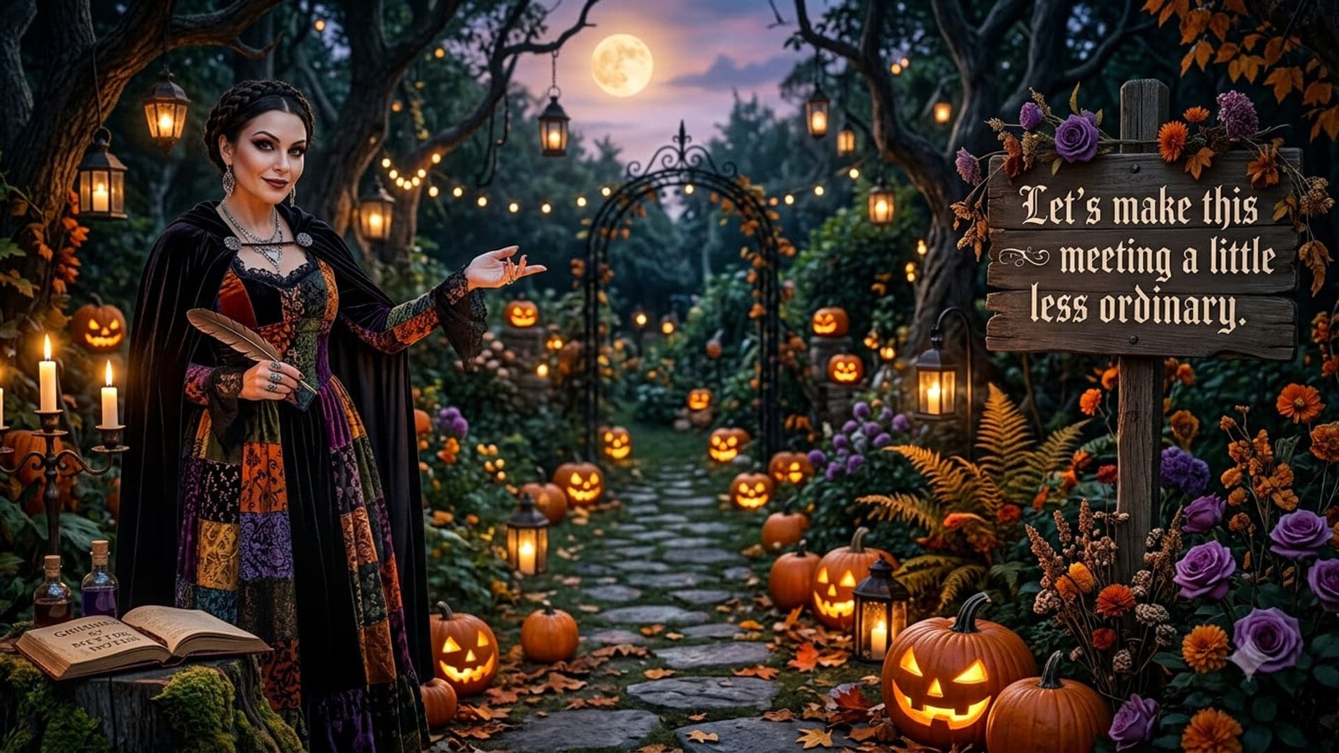 Woman in a dark cloak standing on the left of a lantern-lit garden path lined with jack-o-lanterns under a full moon, a wooden signpost on the right reading "Let’s make this meeting a little less ordinary."