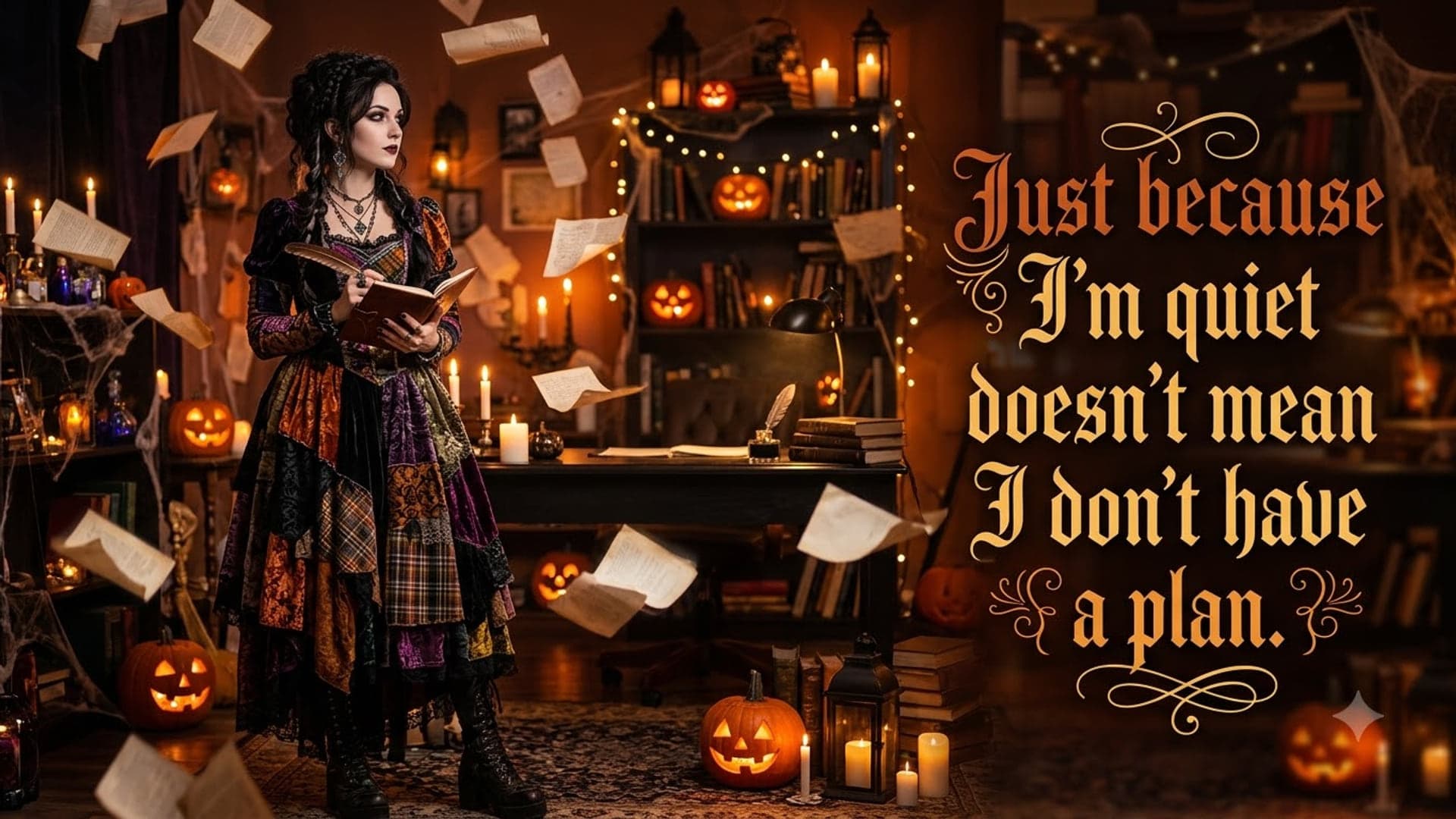Woman in a patchwork gown reading a book on the left of a candlelit study as loose pages float through the air, jack-o-lanterns on the shelves, with the words "Just because I’m quiet doesn’t mean I don’t have a plan." on the right