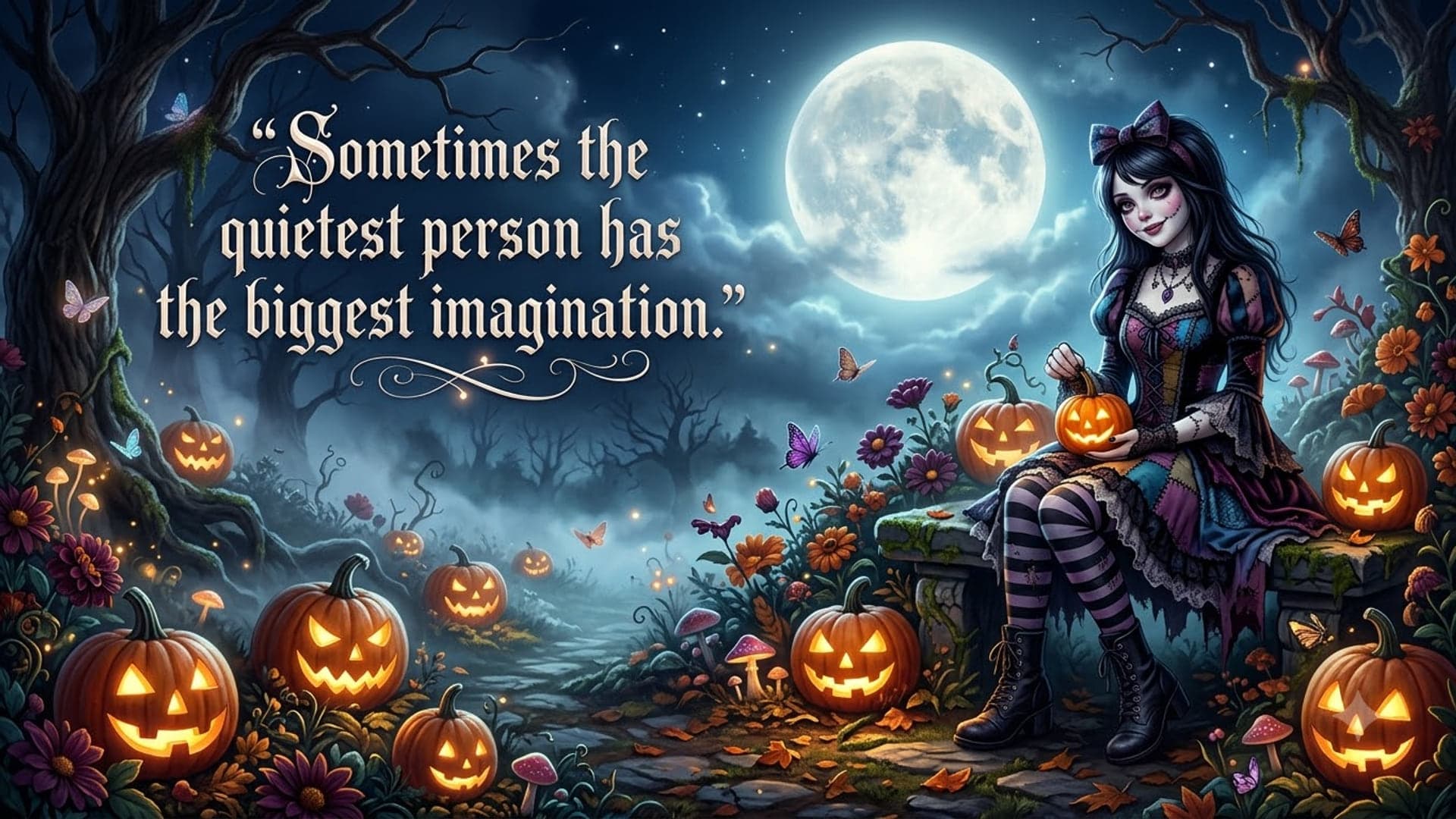 Girl in striped stockings sitting on a bench on the right of a moonlit pumpkin garden holding a carved pumpkin, butterflies and jack-o-lanterns around her, with the words "Sometimes the quietest person has the biggest imagination." on the left