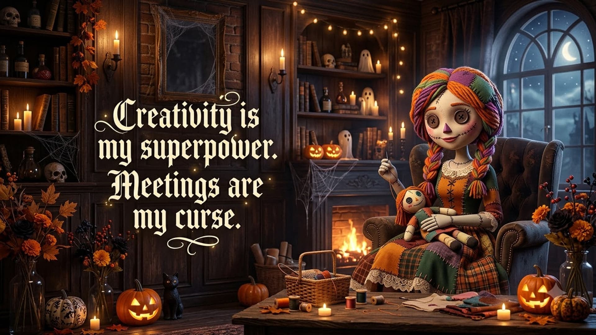 Patchwork rag doll with orange braids sitting in an armchair on the right of a candlelit study, jack-o-lanterns and autumn leaves around, with the words "Creativity is my superpower. Meetings are my curse." on the left