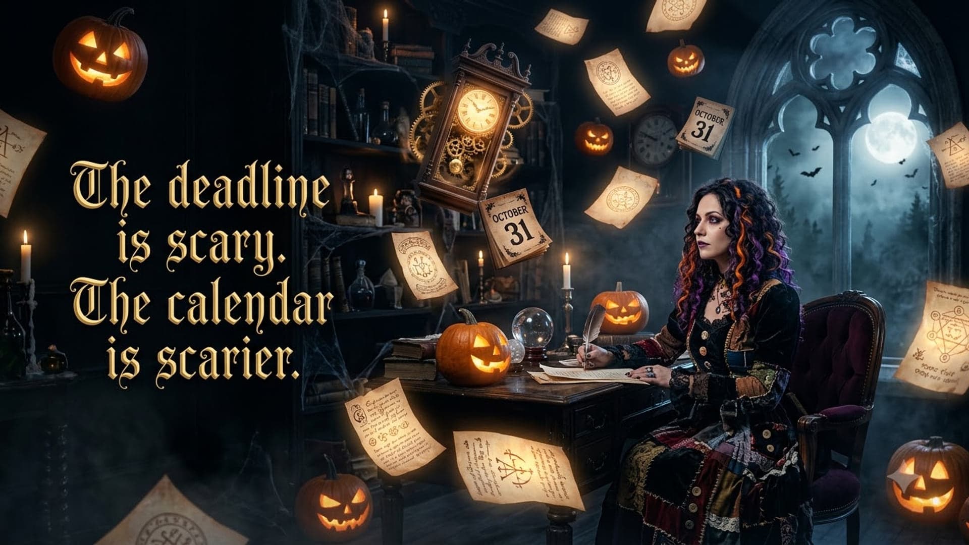 Woman with curled hair seated at a desk on the right of a candlelit study, calendar pages marked October 31 flying through the air, with the words "The deadline is scary. The calendar is scarier." on the left
