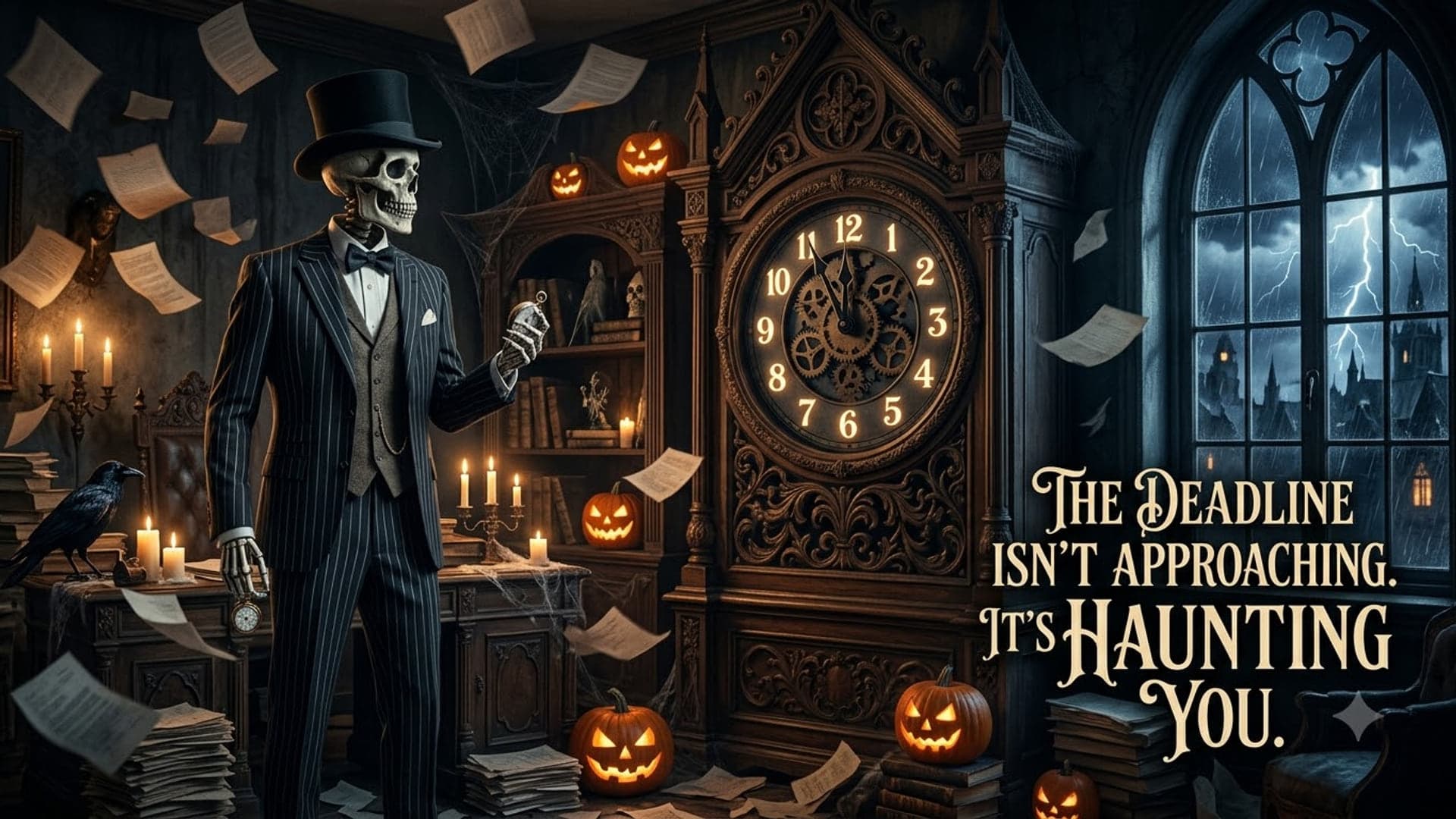 Skeleton in a top hat and tailcoat checking a pocket watch on the left beside an ornate grandfather clock, papers flying and lightning in the window on the right, with the words "The deadline isn’t approaching. It’s haunting you." lower right