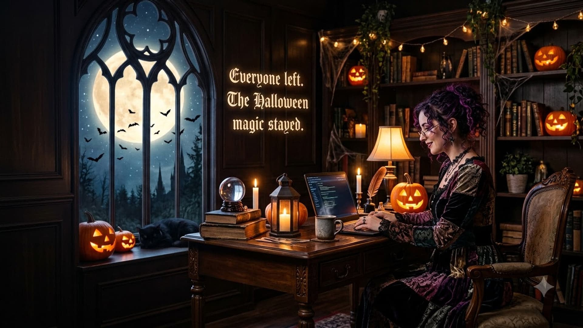 Woman working at a desk lamp on the right of a study with a gothic window and full moon behind, a crystal ball and jack-o-lantern on the desk, with the words "Everyone left. The Halloween magic stayed." at the top left