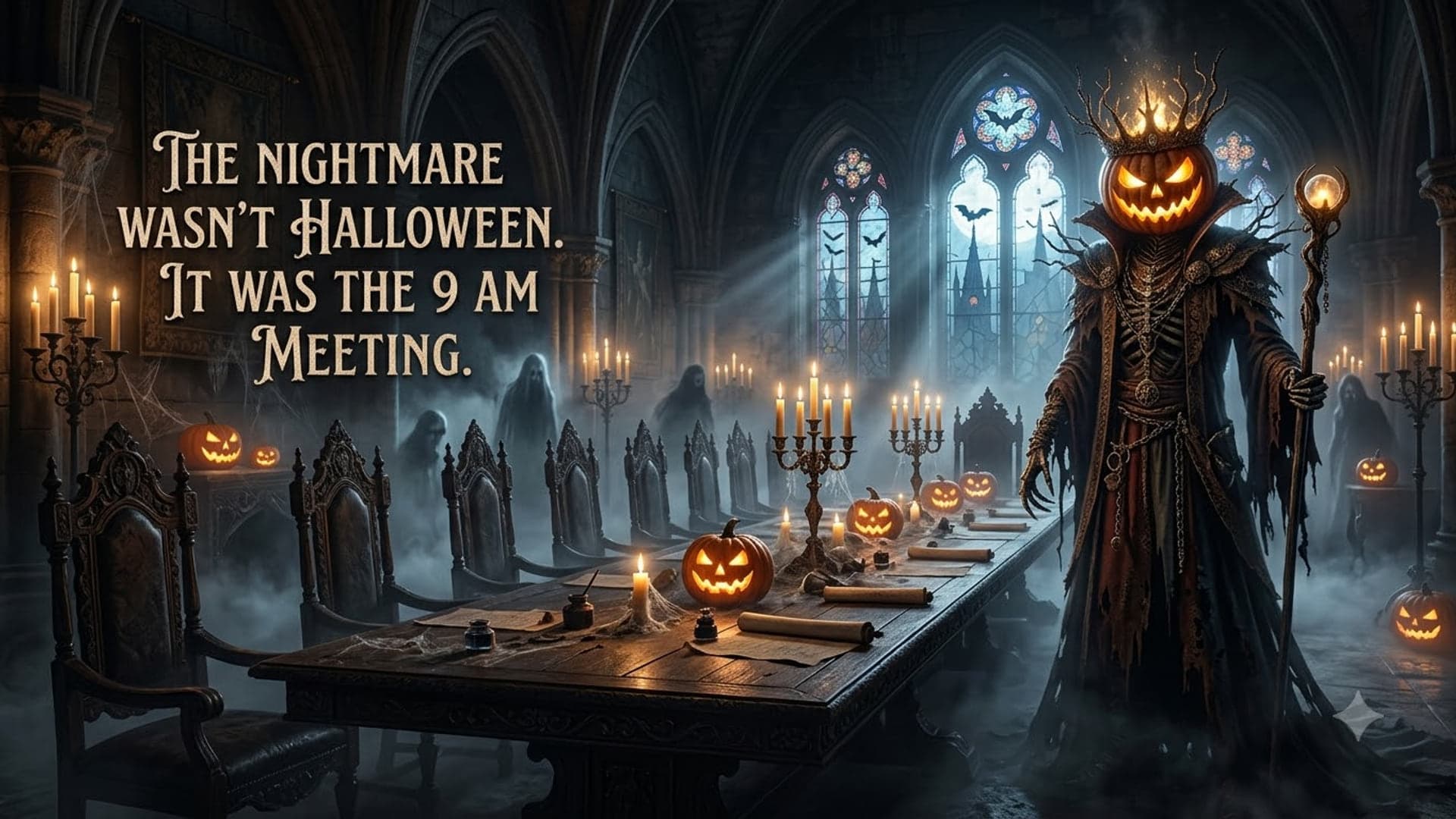 Crowned pumpkin-headed figure in dark robes holding a staff at the right of a long candlelit conference table in a gothic hall, with the words "The nightmare wasn’t Halloween. It was the 9 AM meeting." at the top left