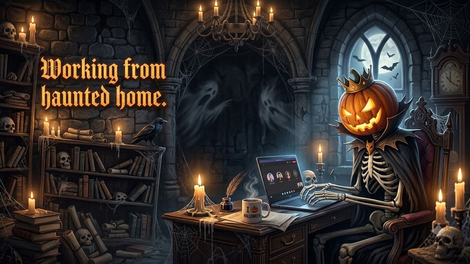 Crowned pumpkin-headed skeleton typing at a laptop on the right of a cobwebbed study, ghosts drifting past the bookshelves on the left, with the words "Working from haunted home." at the top left