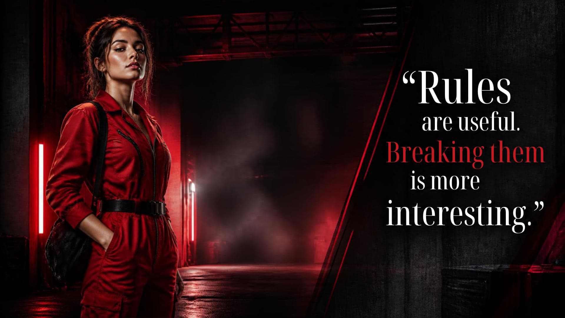 Woman in a red boiler suit with a black satchel standing at the far left of a dark warehouse corridor lit by red strip lights, the middle of the frame empty, with the words 'Rules are useful. Breaking them is more interesting.' on the right