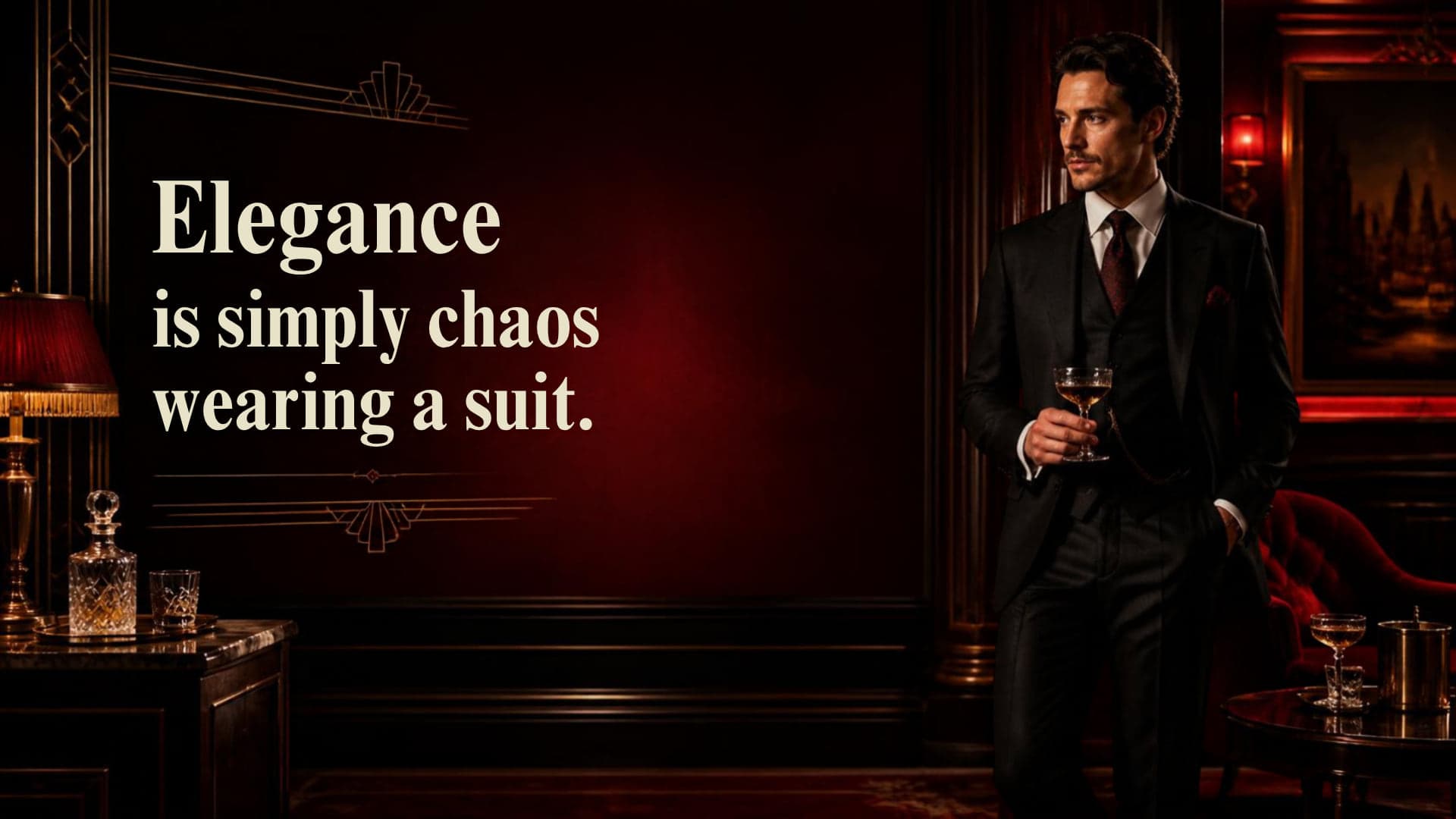 Man in a dark three-piece suit holding a cocktail glass at the far right of a dim wood-panelled bar with a crystal decanter and a red-shaded lamp, the dark red wall in the middle left clear, with the words 'Elegance is simply chaos wearing a suit.' on the left