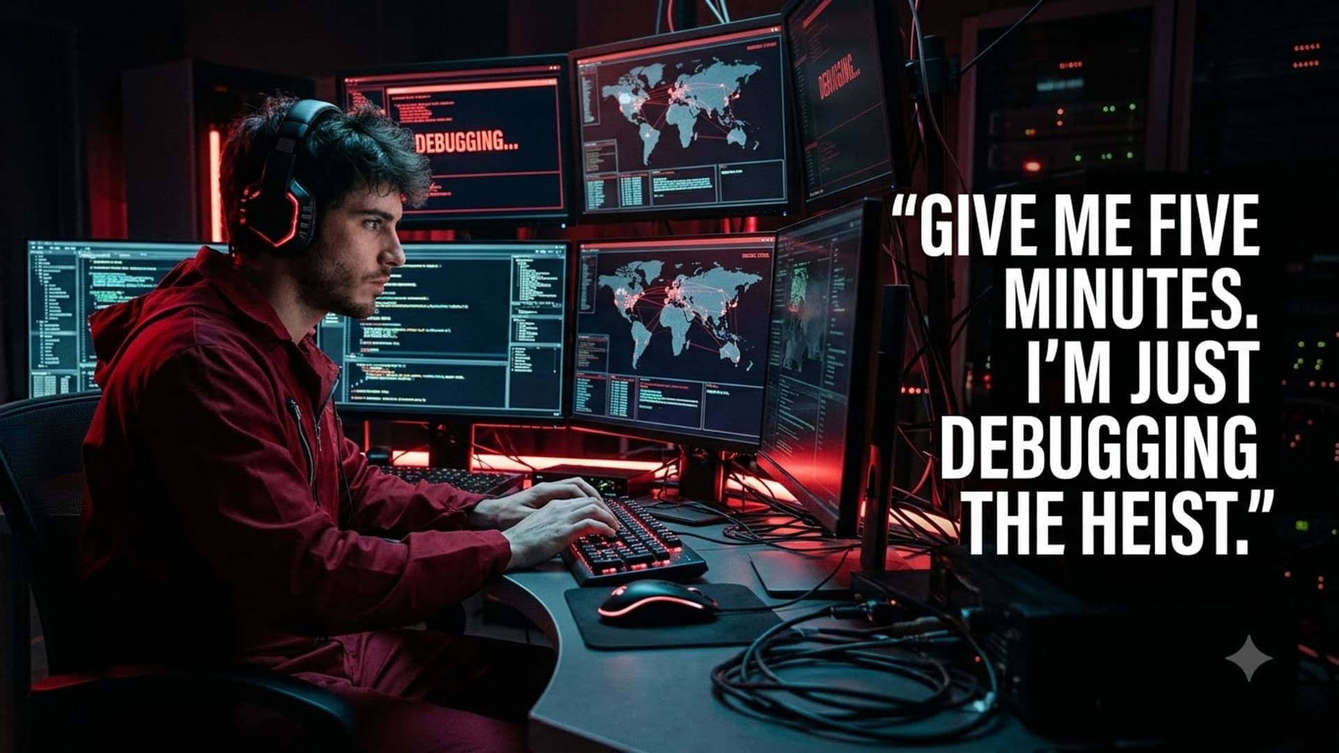 Man in a red hooded boiler suit and headset working at a bank of monitors on the left, code and world maps glowing on the screens, with the words "Give me five minutes. I’m just debugging the heist." on the right