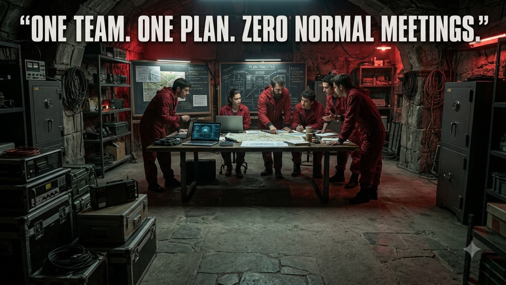 Four people in red boiler suits standing around a planning table in a dim concrete basement, strongroom doors along both walls and a chalked plan behind, with the words "One team. One plan. Zero normal meetings." across the top