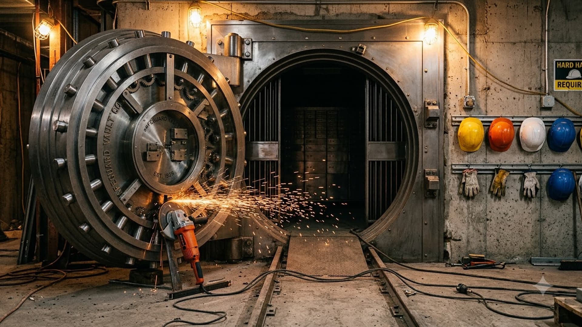 Angle grinder throwing orange sparks at the foot of a huge open steel vault door on the left of a concrete strongroom, narrow rail track running into the dark doorway in the middle, hard hats and work gloves hanging on the wall to the right