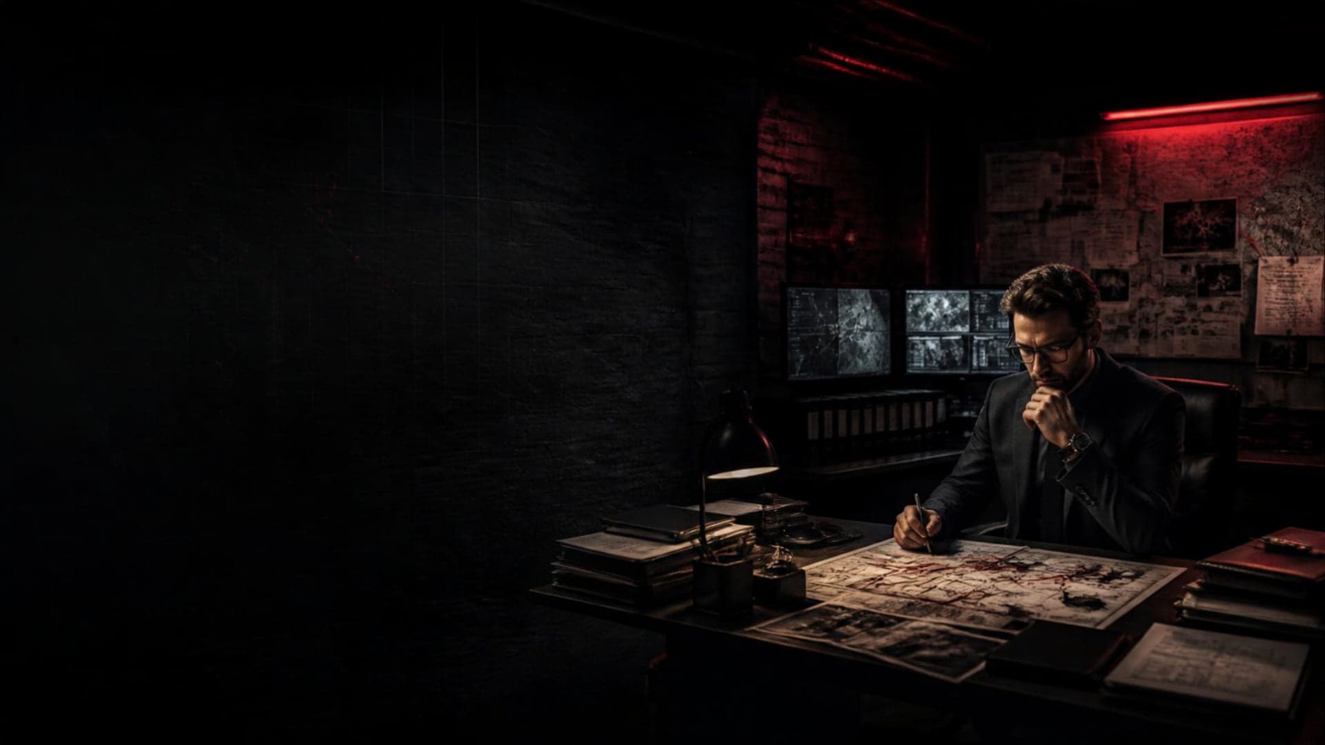 Man in glasses and a dark suit working under a desk lamp at the far right of a dark planning room, with monitors, a pinboard of maps and a red light strip on the far wall, and an empty black wall filling the left and centre of the frame