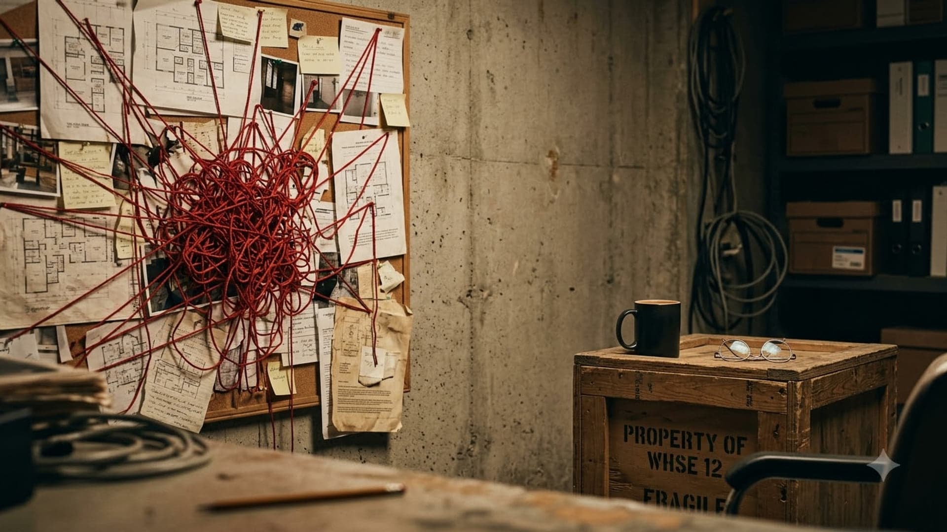 Pinboard covered in maps, photographs and a tangle of red string on the left wall of a bare concrete room, with wooden crates and a coffee mug on the table to the right