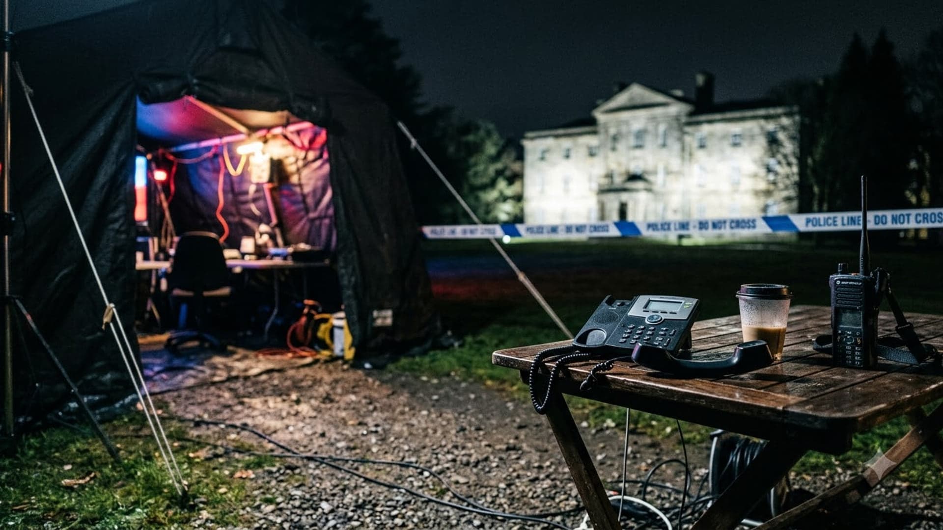 Police command tent glowing red and blue on the left at night, a trestle table with a telephone, handheld radio and coffee cup in the centre right, and a floodlit mansion behind blue and white tape beyond