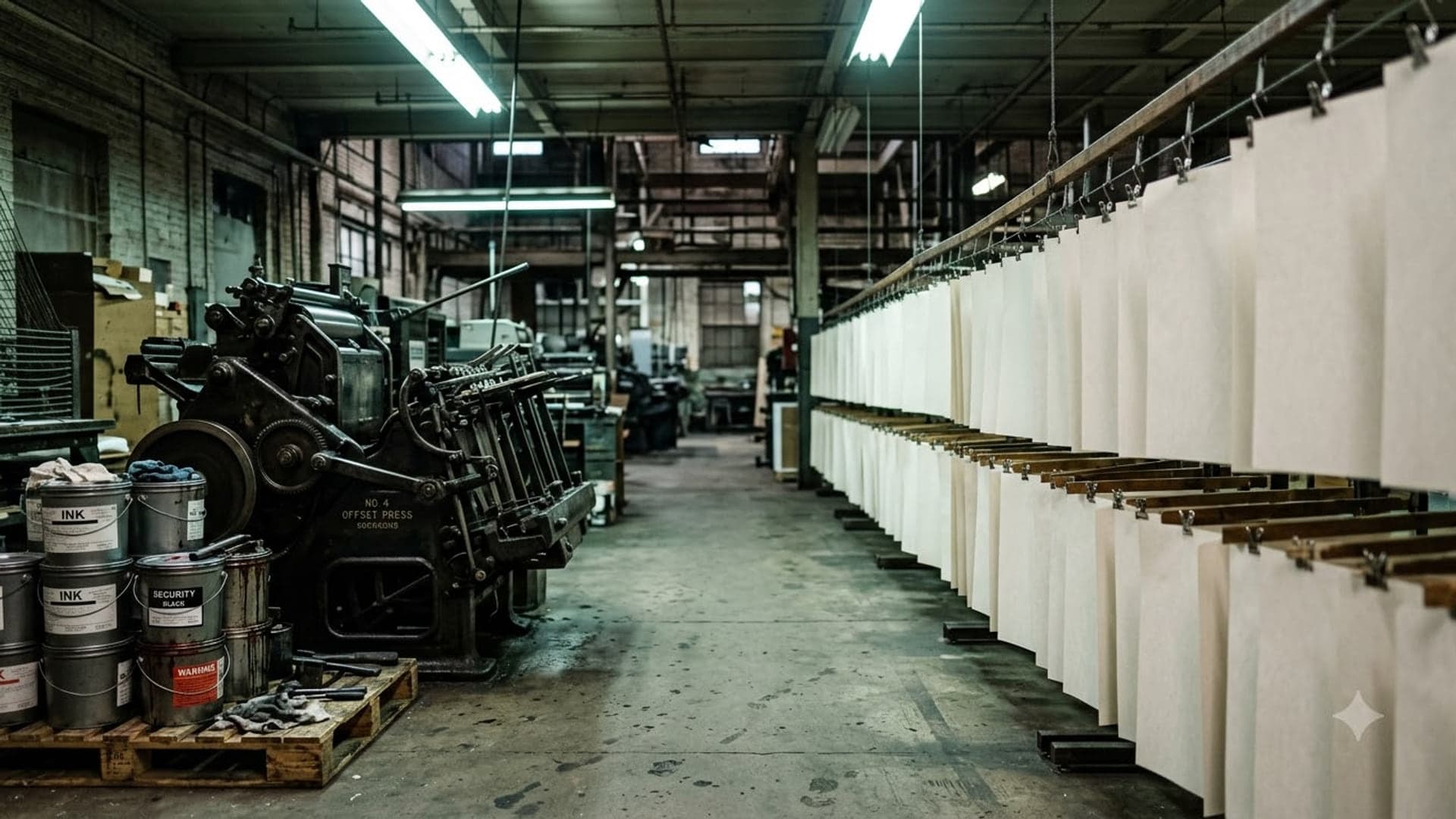 Old cast-iron printing presses down the left of a long industrial hall, rows of printed sheets hanging on drying racks along the right, fluorescent strip lights overhead