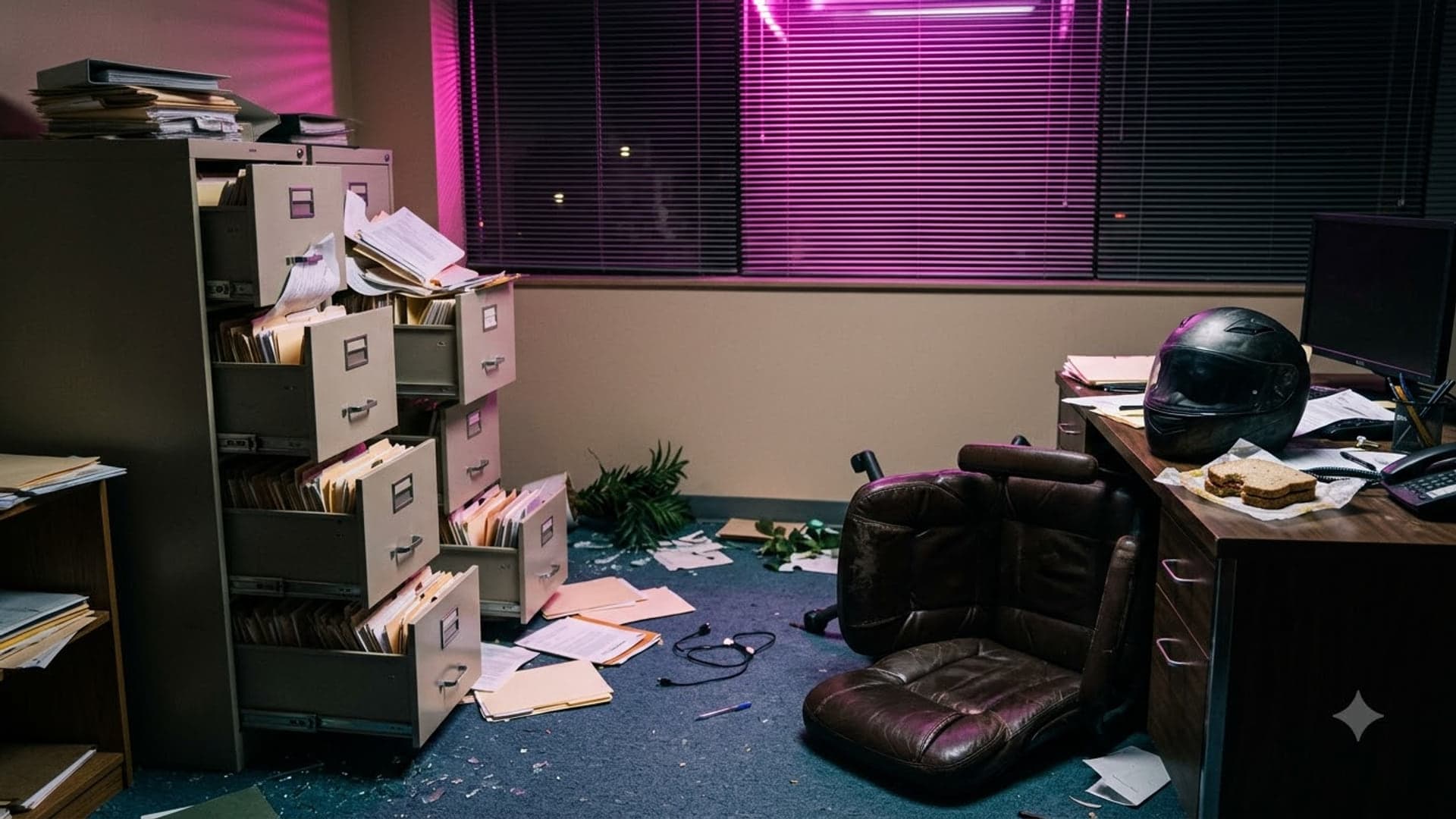 Ransacked office with filing cabinets pulled open and papers strewn across the floor on the left, an overturned leather chair and a motorcycle helmet on the desk to the right, magenta light in the window behind