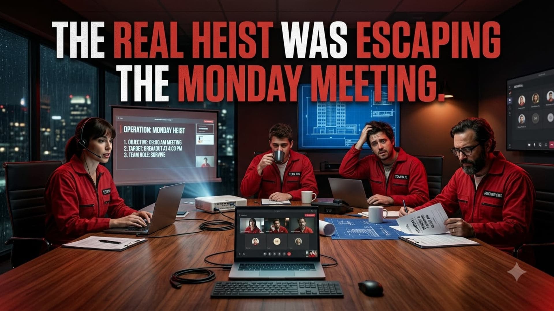 Four people in red boiler suits around a boardroom table with laptops and a video call open on the screen, a night city skyline behind, with the words "The real heist was escaping the Monday meeting" across the top